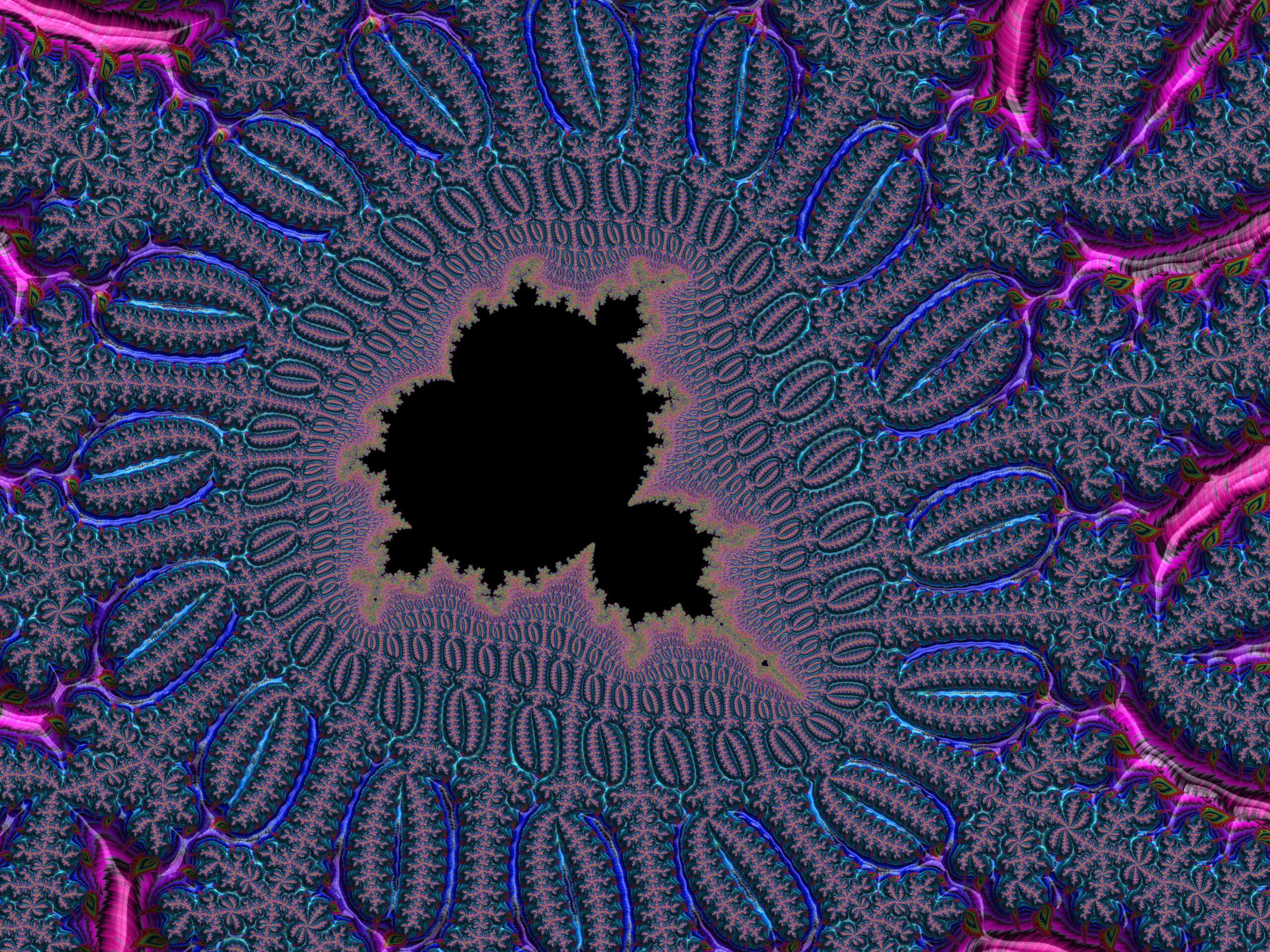 Abstract fractal artwork with blue and purple tendrils radiating from a black central void.