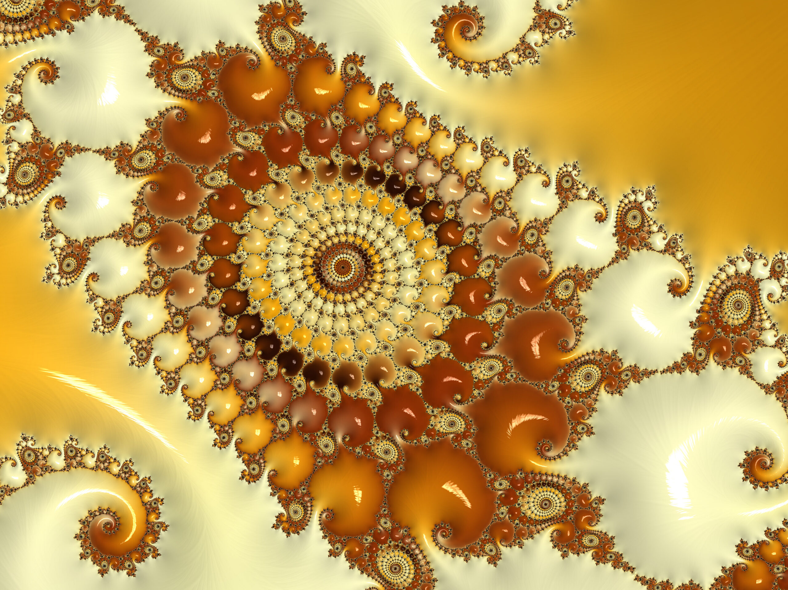 Abstract fractal artwork with orange and cream spirals, repeating circular motifs on a pale yellow background.
