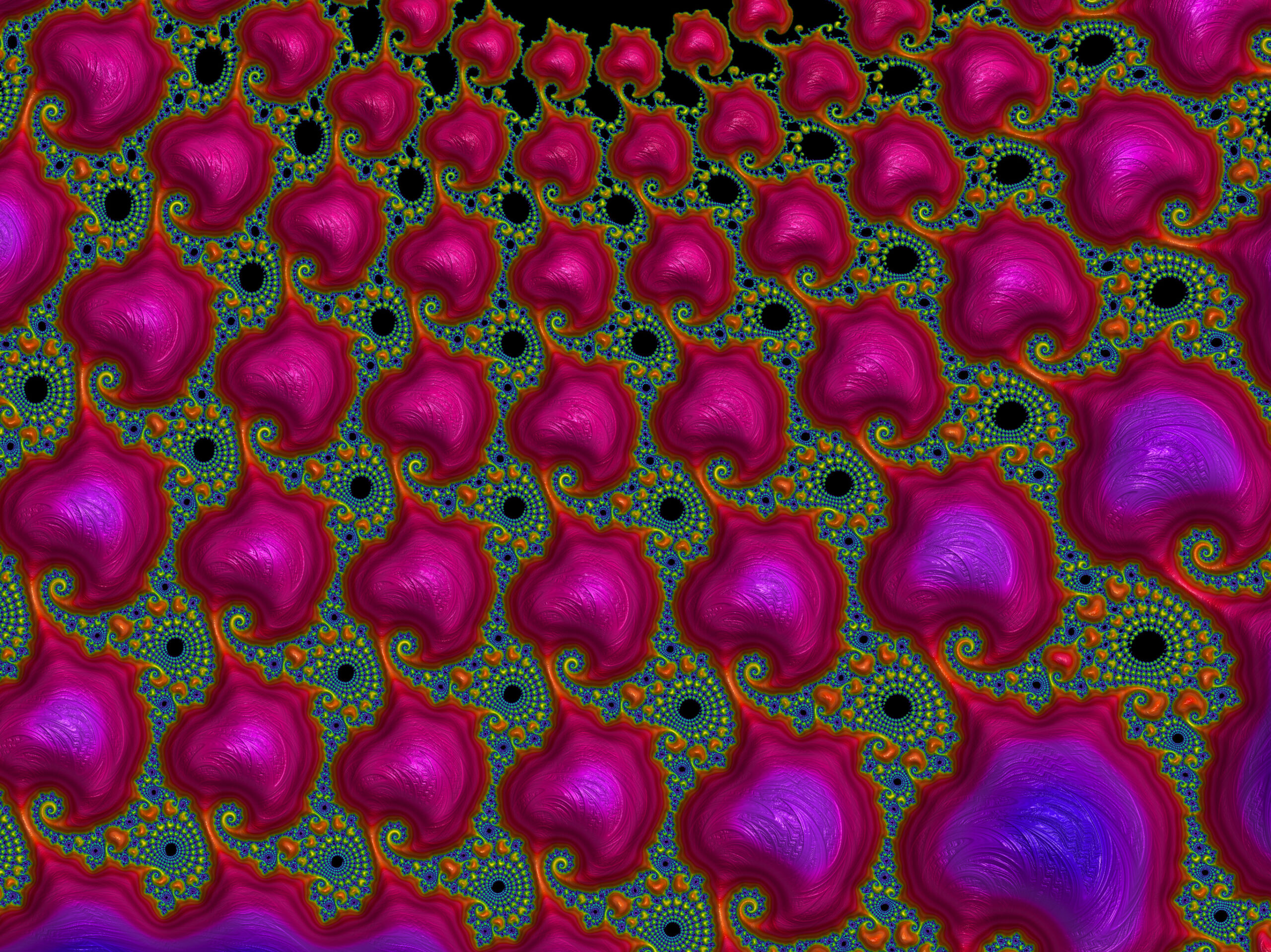 Colorful fractal pattern with large magenta lobes and green-blue spirals against a dark background, repeating across the image.