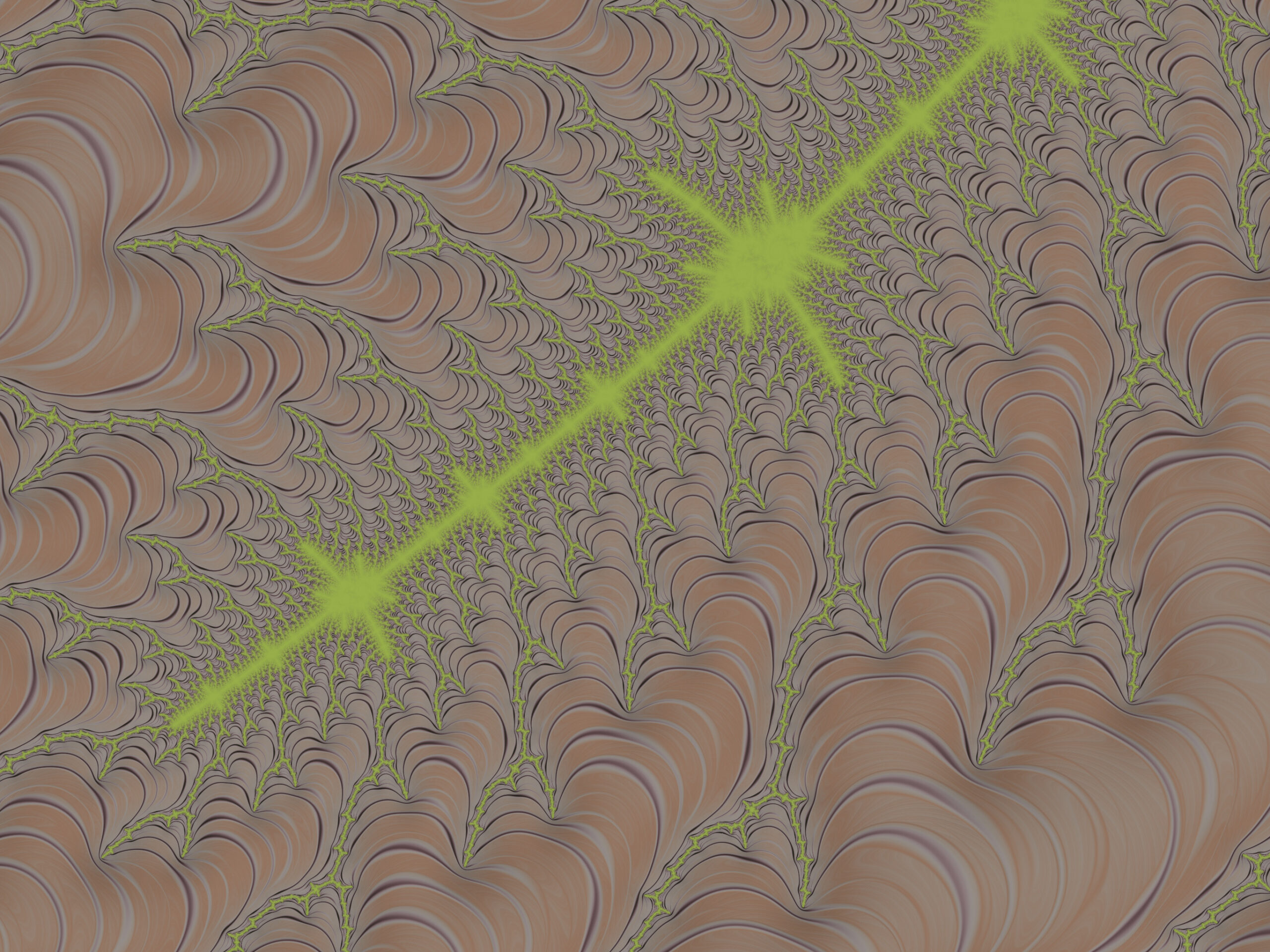 Fractal006 - Fractegrity Abstract fractal pattern: lime-green branching lines over a tan-purple swirled background (abstract artwork).