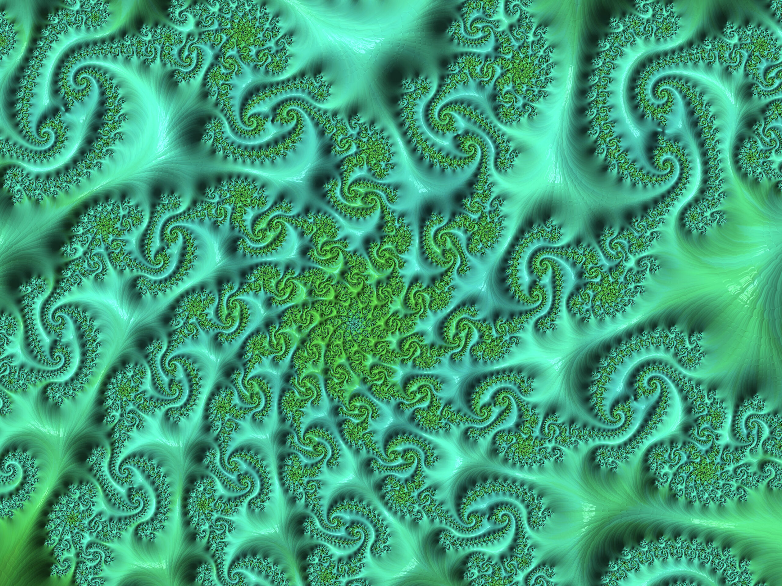 Fractal008 - Fractegrity Abstract teal‑green fractal pattern with swirling spirals and textured edges, dense and repetitive.