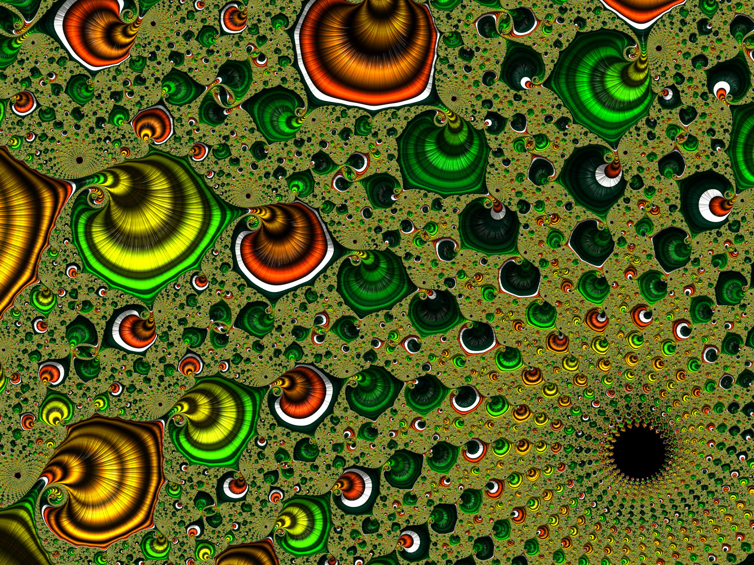 Abstract fractal artwork with looping green and orange spirals on a beige textured background