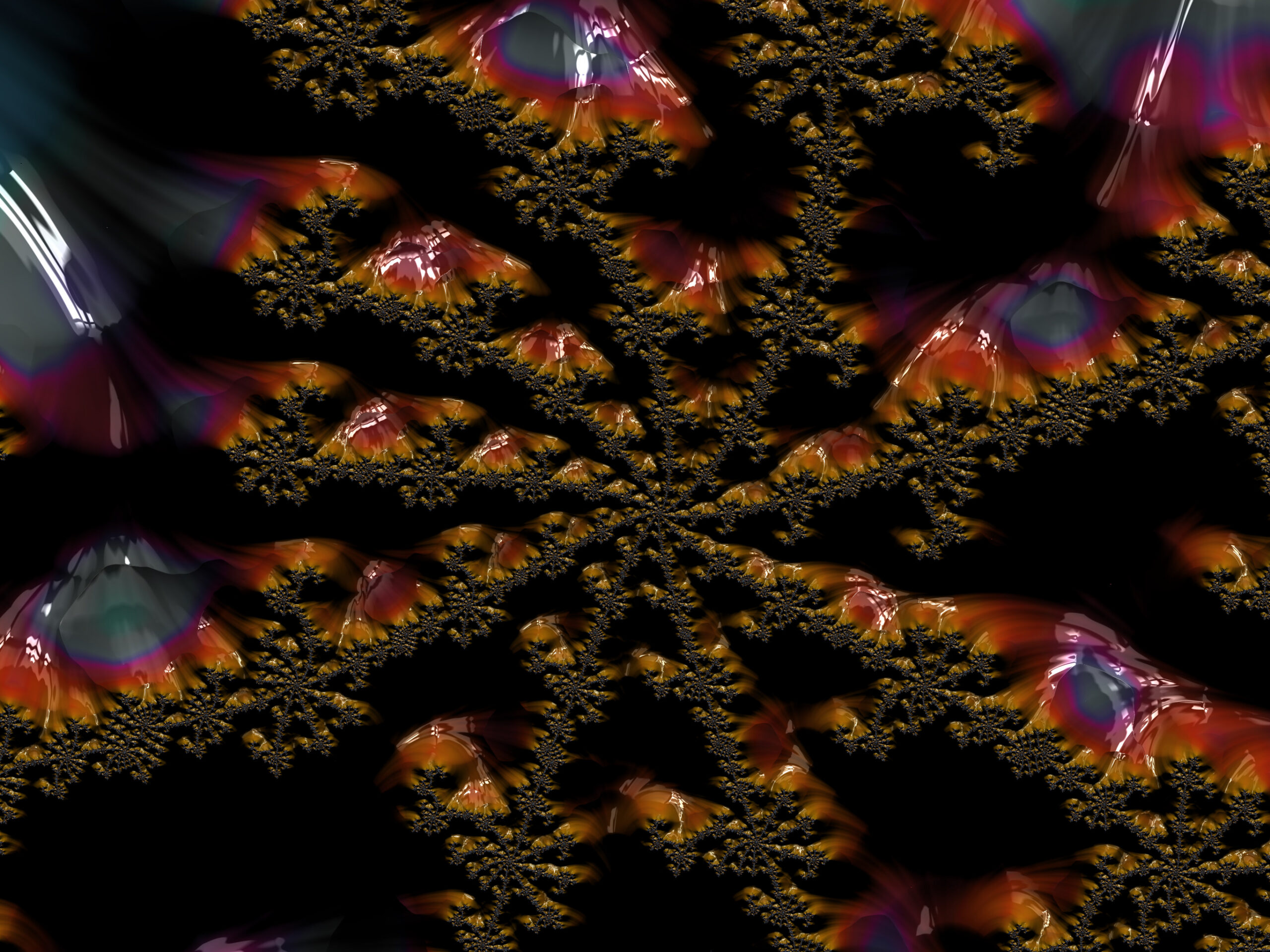 Abstract fractal shapes in orange, red, and purple against a black background, resembling delicate flames and snowflake patterns.