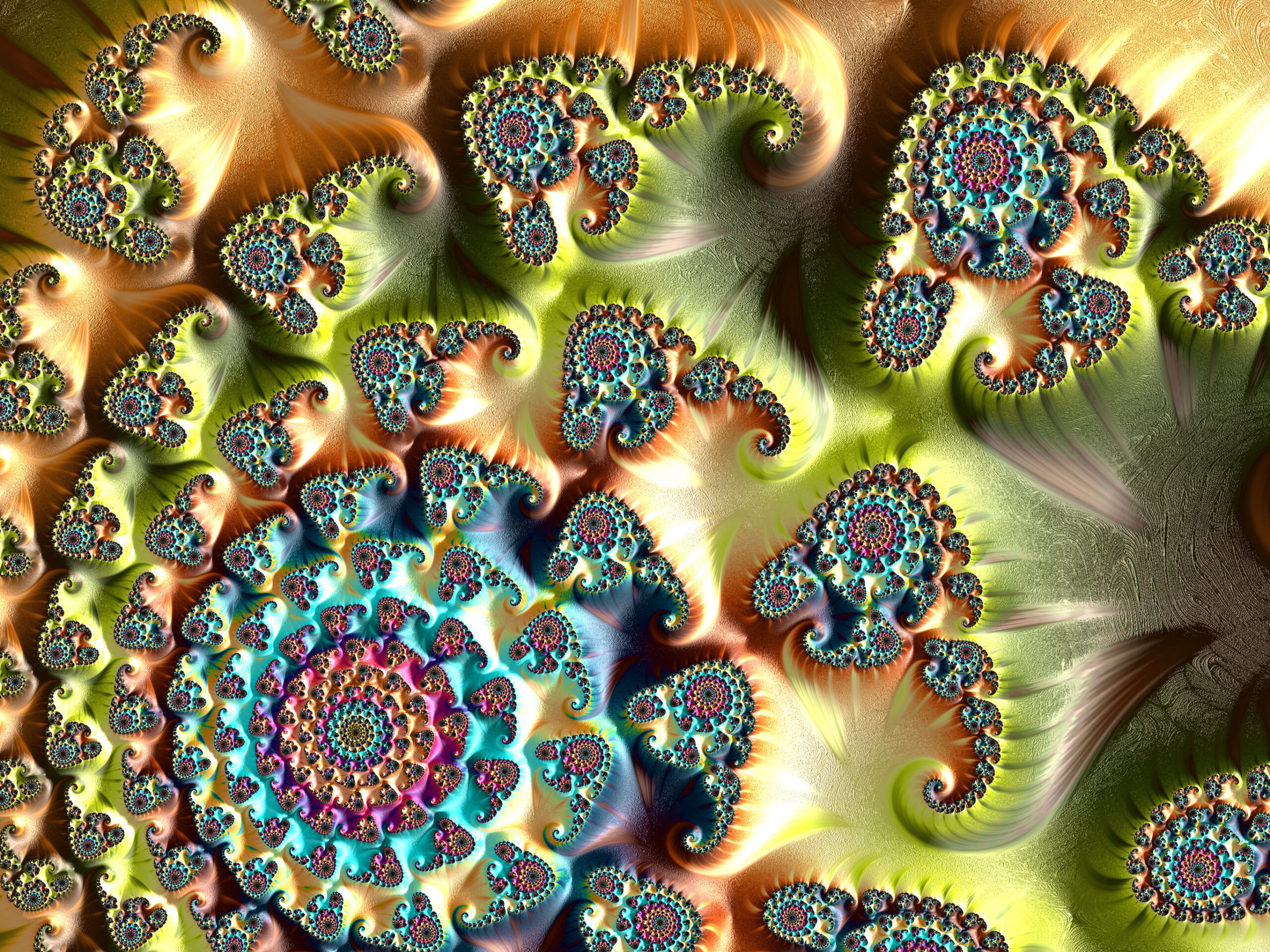 Colorful fractal spirals in gold, teal, pink and blue with intricate repeating patterns.