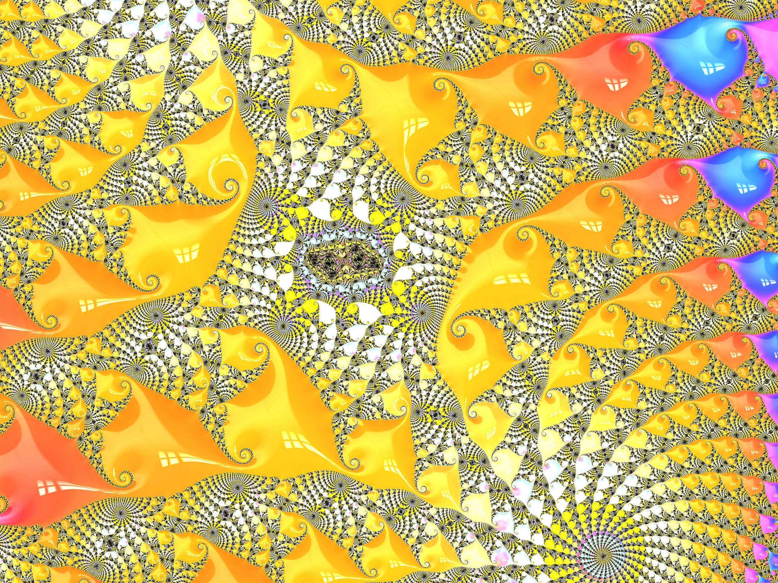 Fractal016 - Fractegrity Vibrant abstract fractal pattern with yellow spirals and black-and-white swirls, plus blue and pink gradient areas.