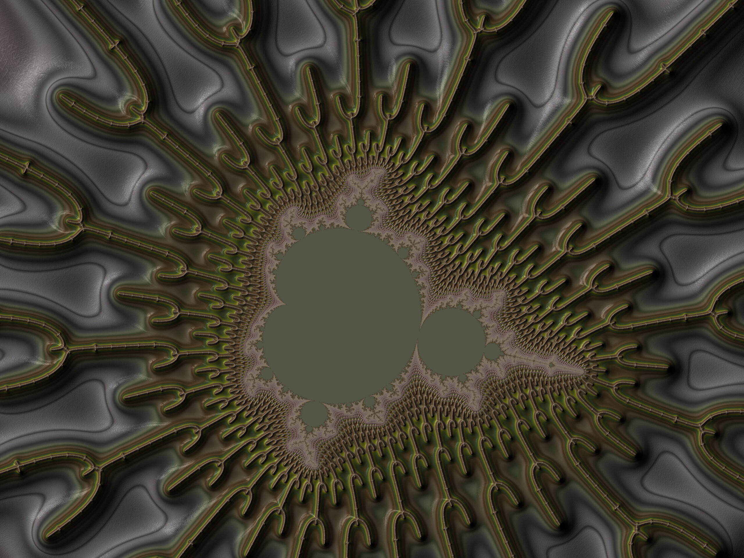 Abstract fractal pattern with green-brown swirling tendrils spiraling toward a central void.