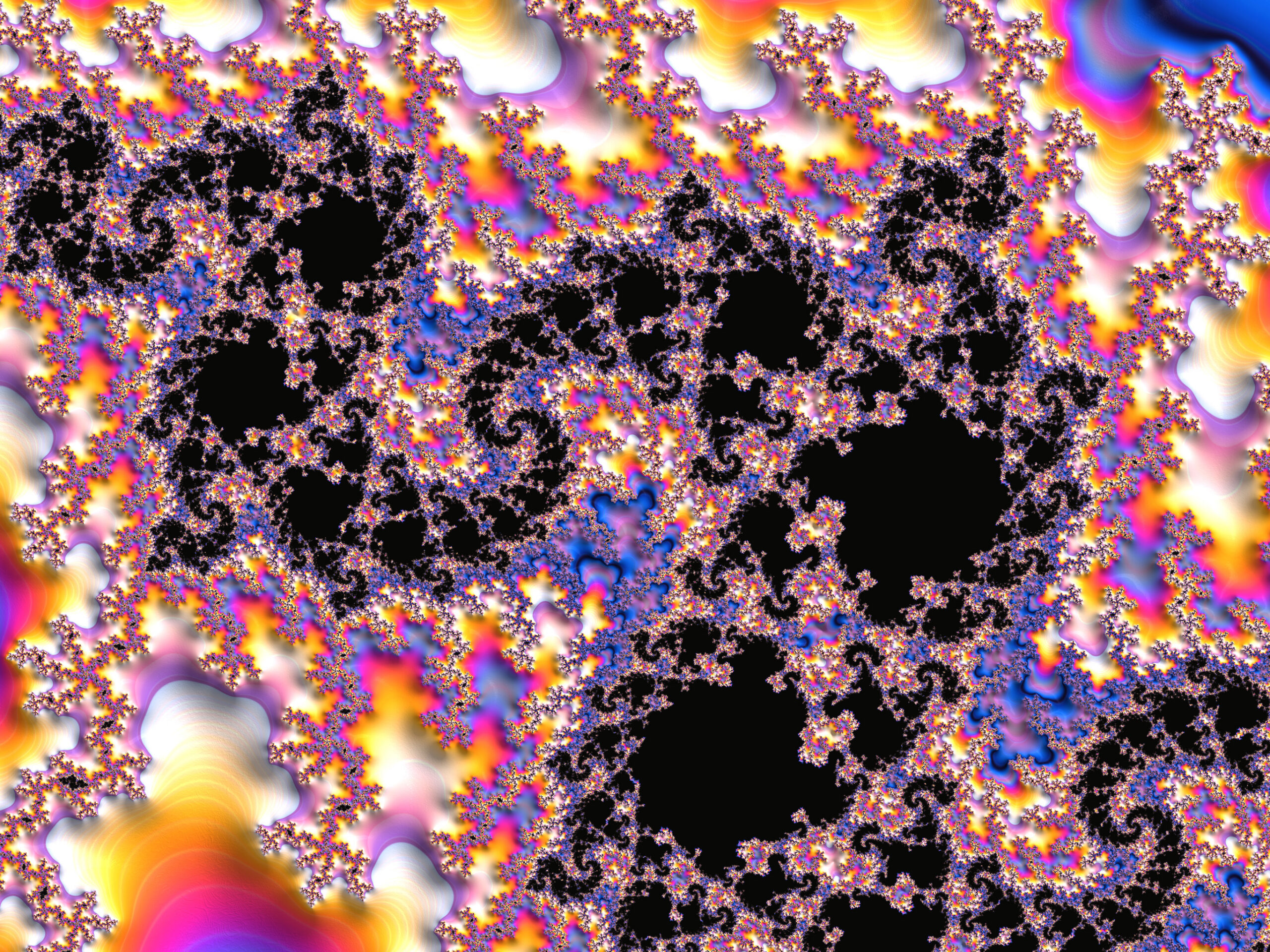 Intricate fractal pattern with rainbow spirals and black voids filling the frame.