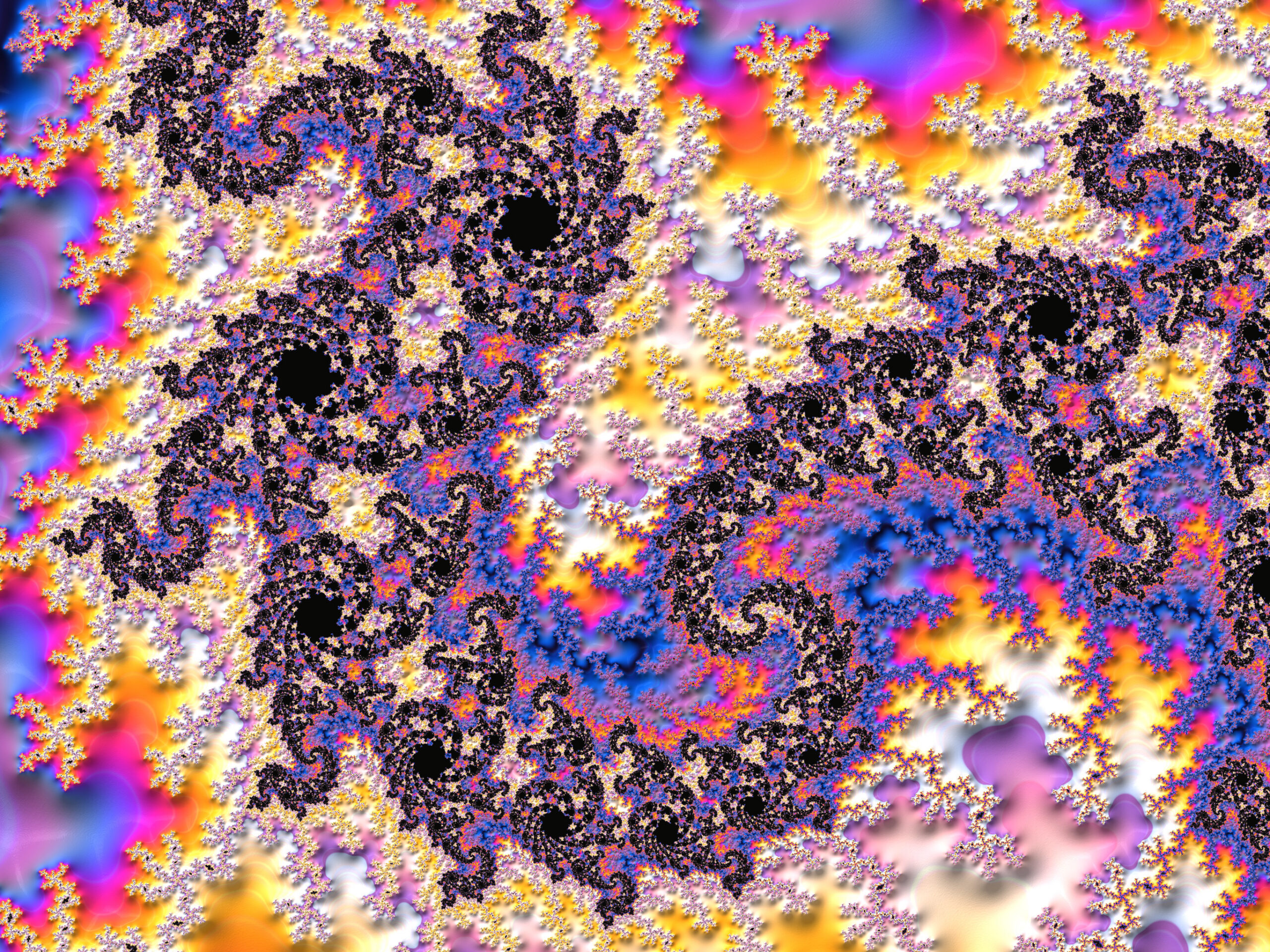 Colorful fractal pattern with black spiral centers and repeating self-similar shapes in pink, yellow, blue, and purple hues.