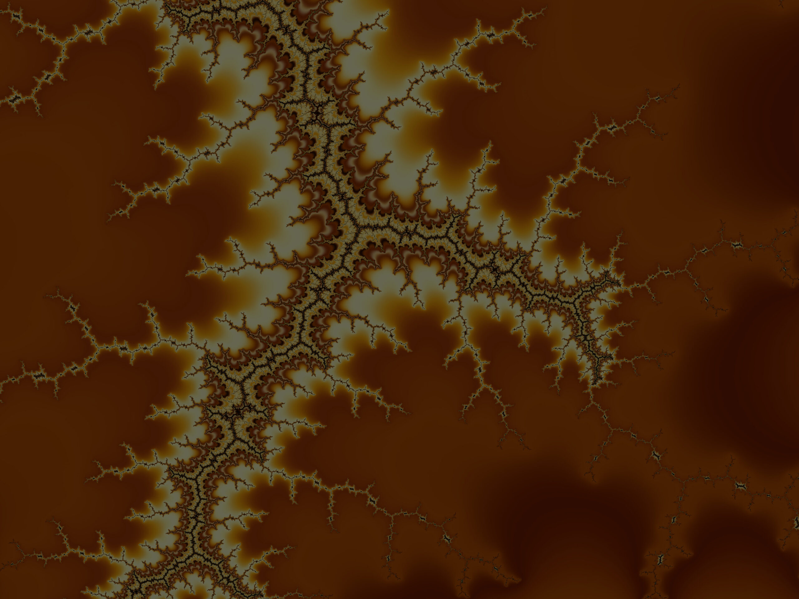 Fractal brown and cream branching pattern cascading across a dark brown background.