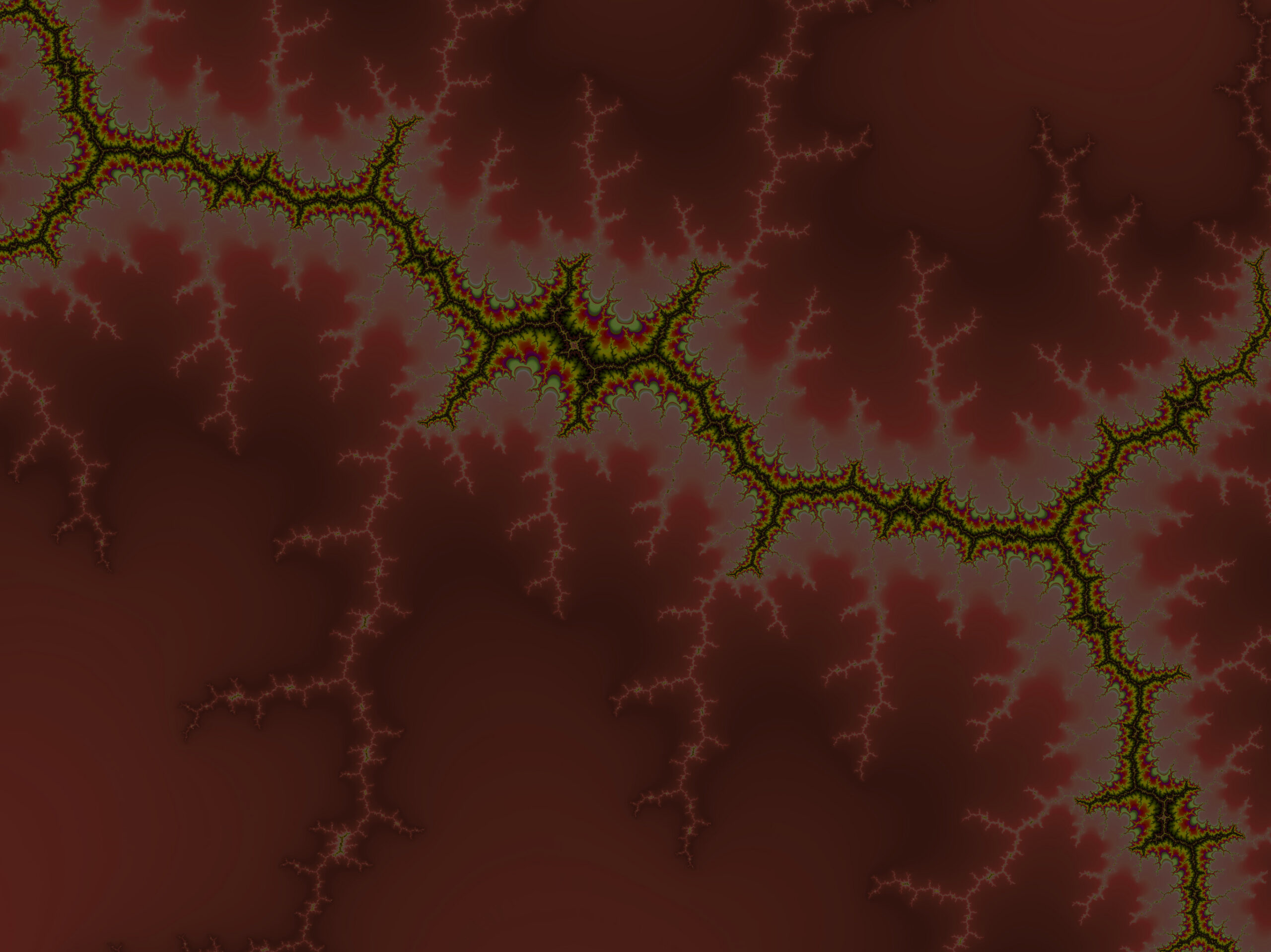 Abstract fractal pattern with green-yellow branching lines on a dark red background.