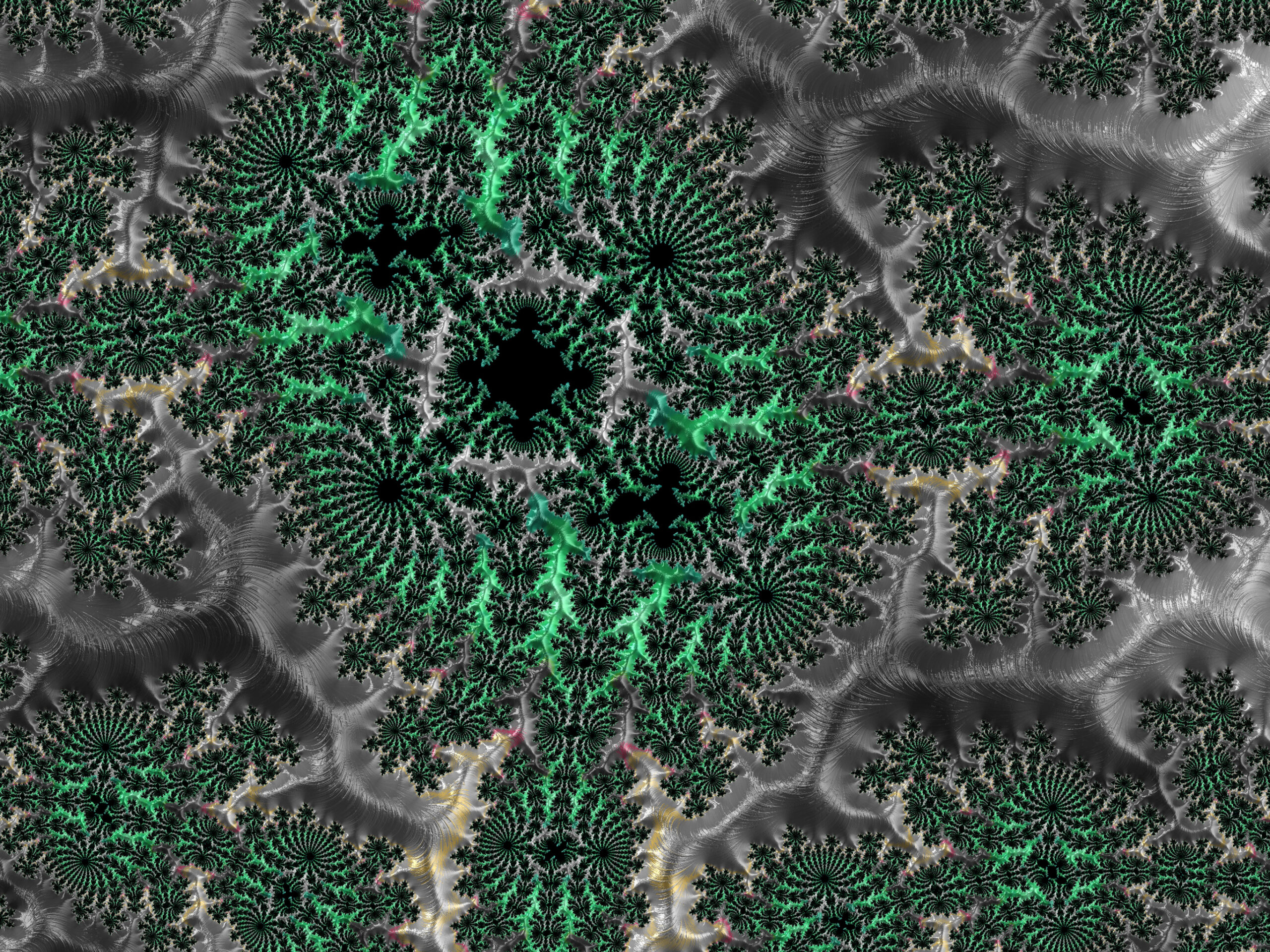 Abstract fractal design with emerald green spirals radiating from black centers on a gray field.