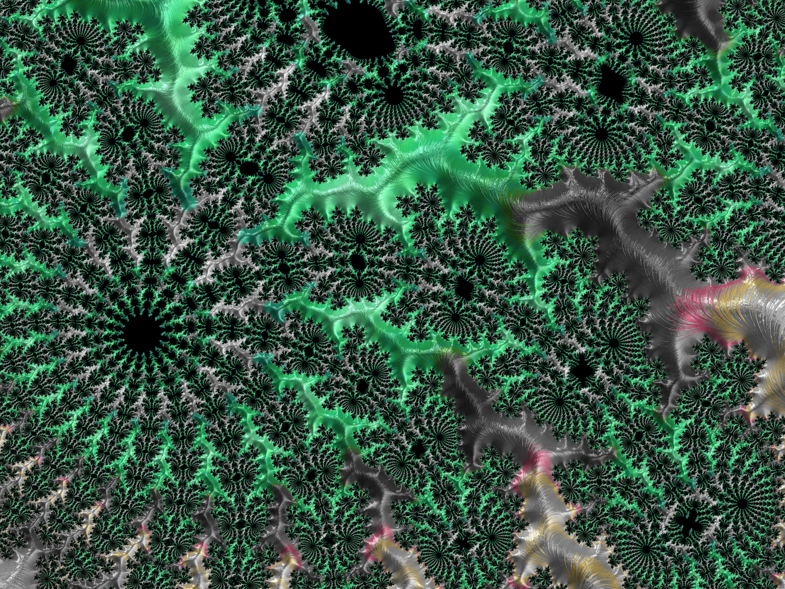 Fractal039 - Fractegrity Abstract fractal pattern with black spiraling motifs and emerald-green highlights across a gray background, suggesting a coral-like texture.