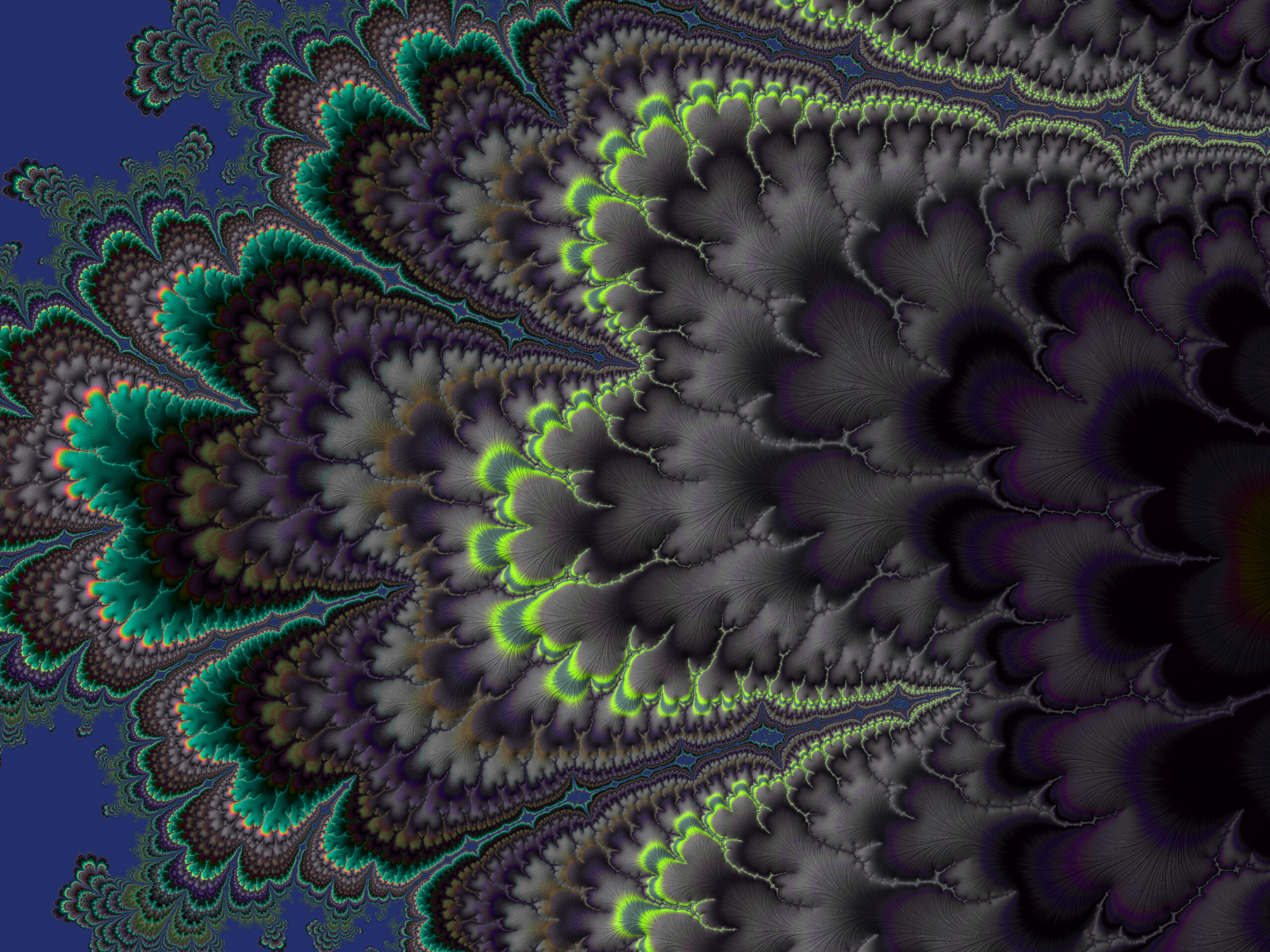 Abstract fractal artwork featuring teal, lime, and purple ridges on a deep blue background; intricate, repeating leaf-like shapes ripple across the image.