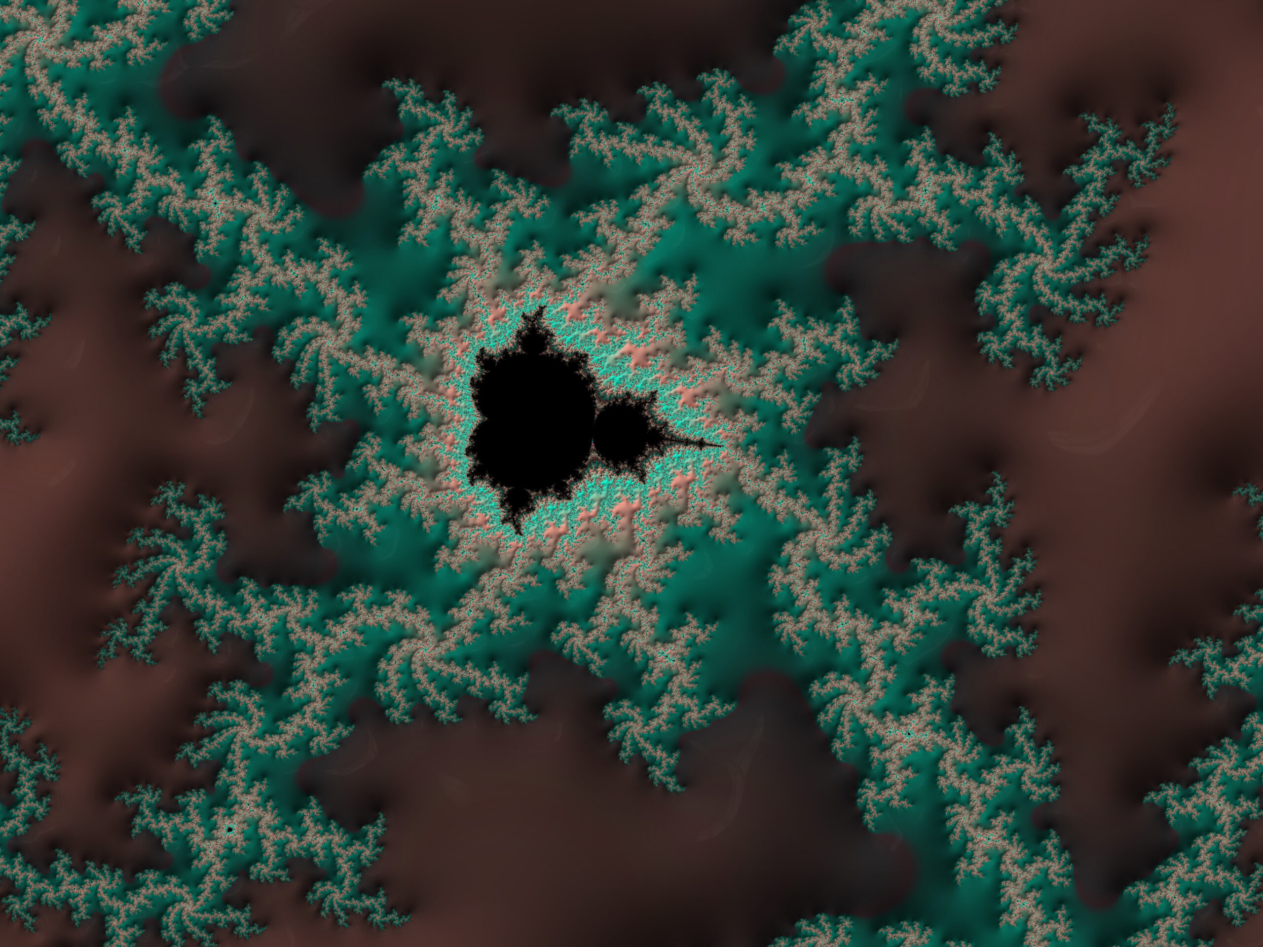 Abstract fractal pattern with teal branching structures over a brown cloudy background, converging toward a central black void.