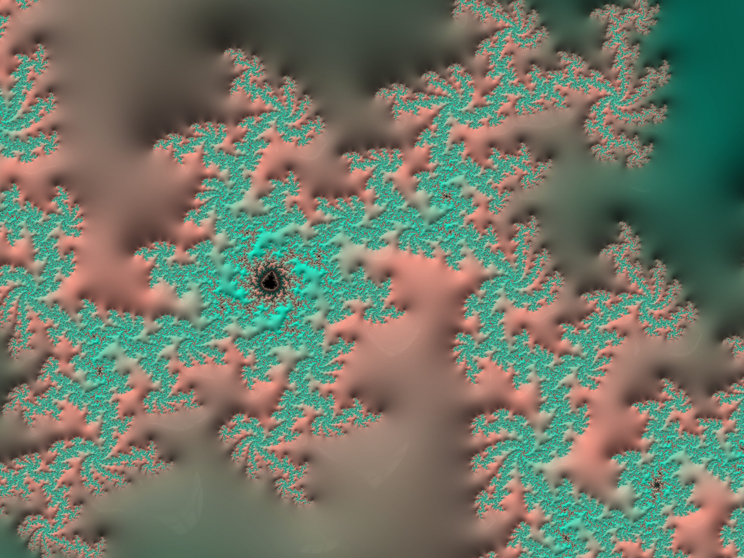 Abstract fractal pattern with teal and peach branching shapes on a blurred brown-green background.