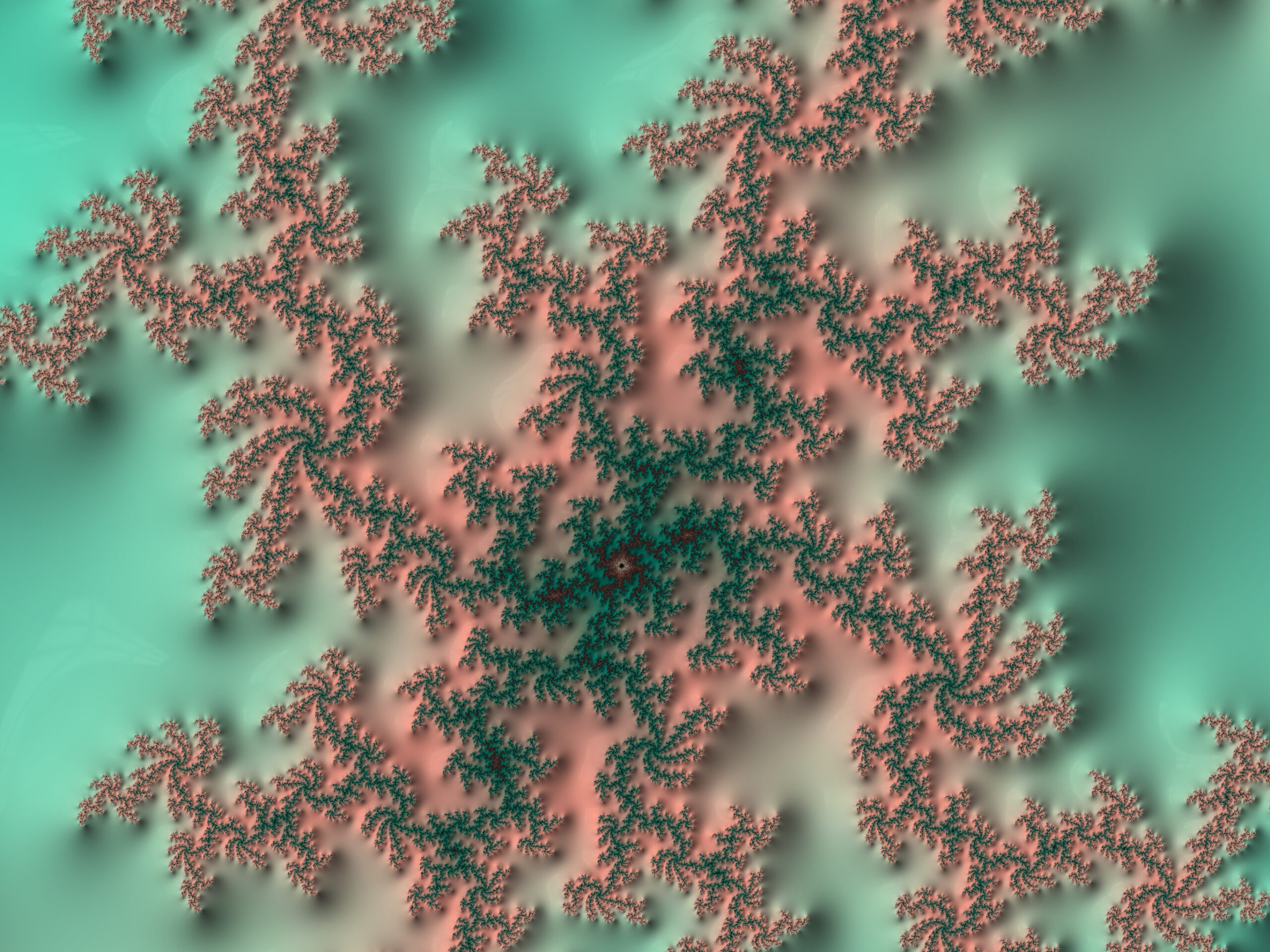 Abstract fractal pattern with teal and pink gradients and repeating branching motifs.