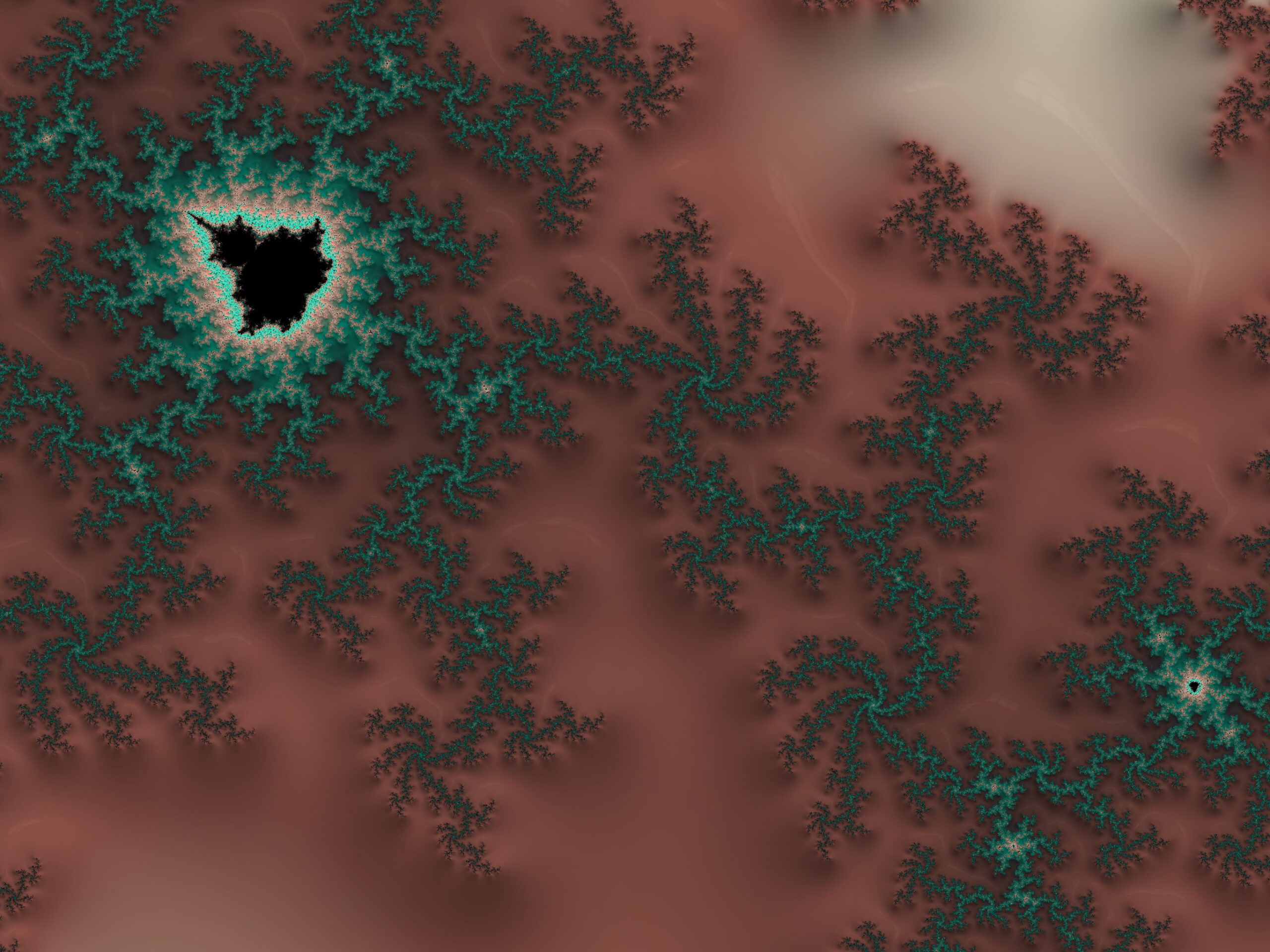 Fractal055 - Fractegrity Abstract fractal pattern with turquoise branching shapes on a reddish-brown background and a black central void.
