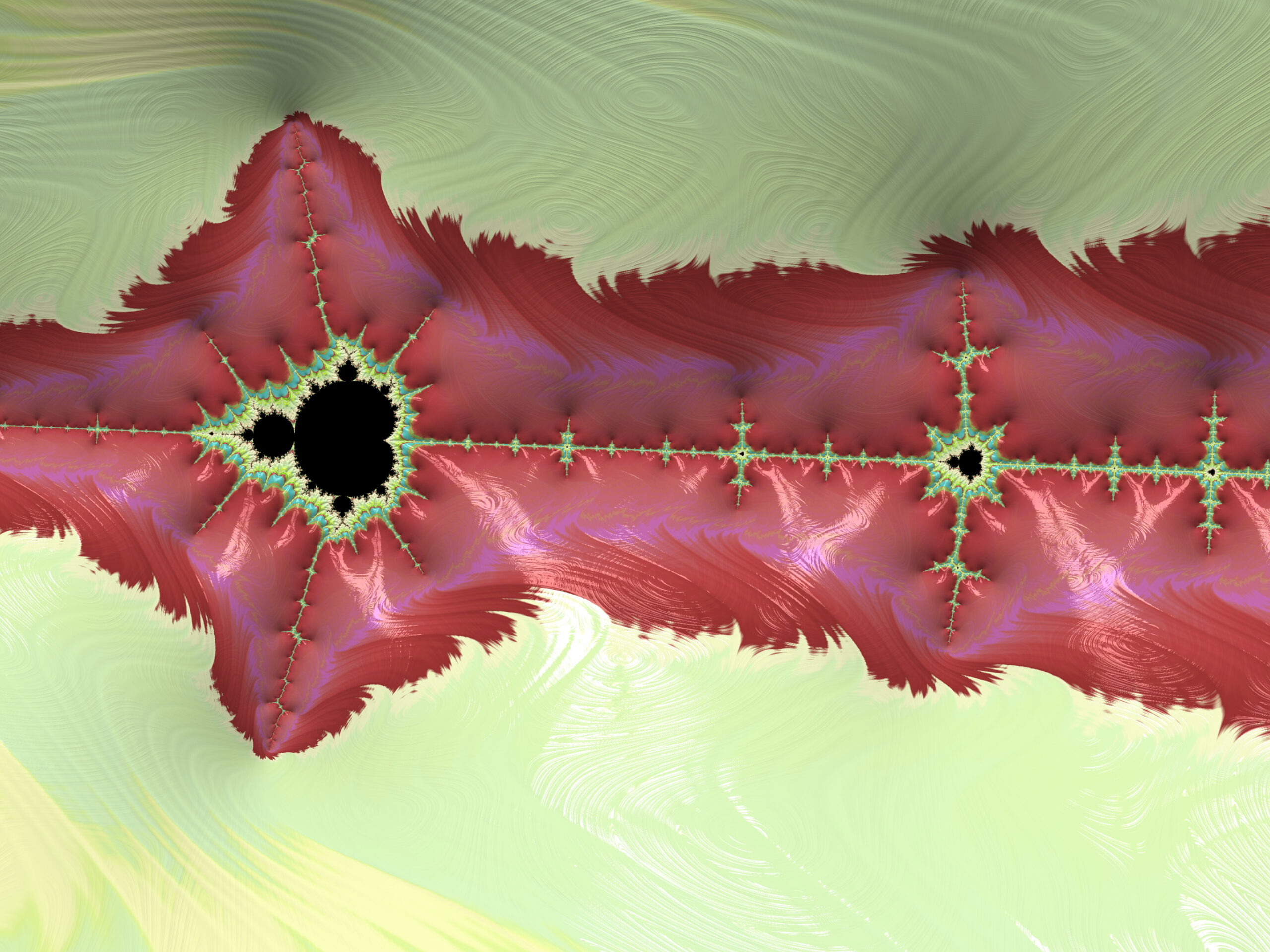 Abstract fractal artwork with red and pink jagged peaks, turquoise star-like edges, and black circular voids against a pale green, swirling background.