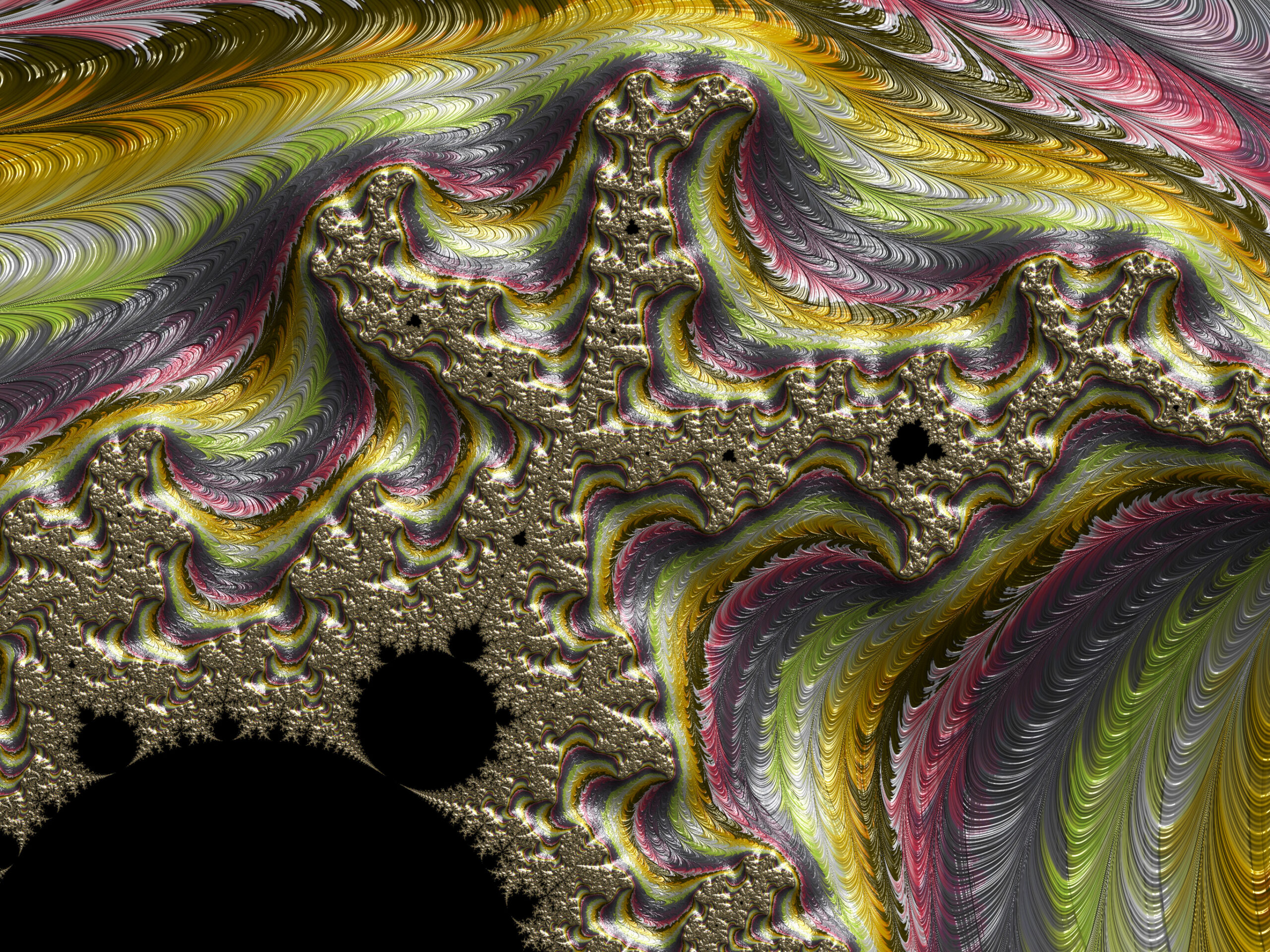 Fractal067 - Fractegrity Abstract fractal artwork with multicolored swirling ribbons and metallic textures, conveying motion and complexity within the design.