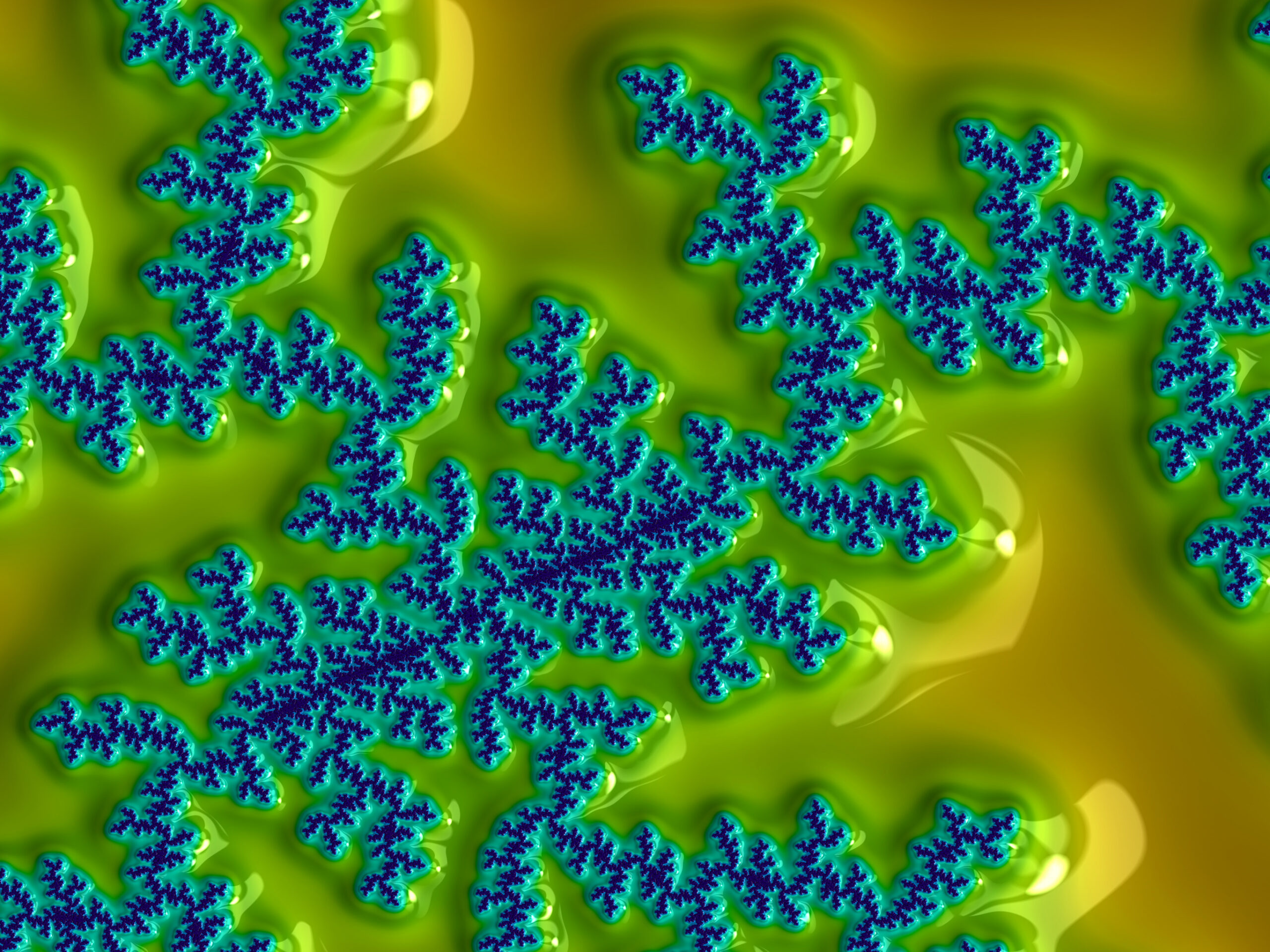 Fractal069 - Fractegrity Abstract fractal pattern: blue branching shapes on a lime-green background.