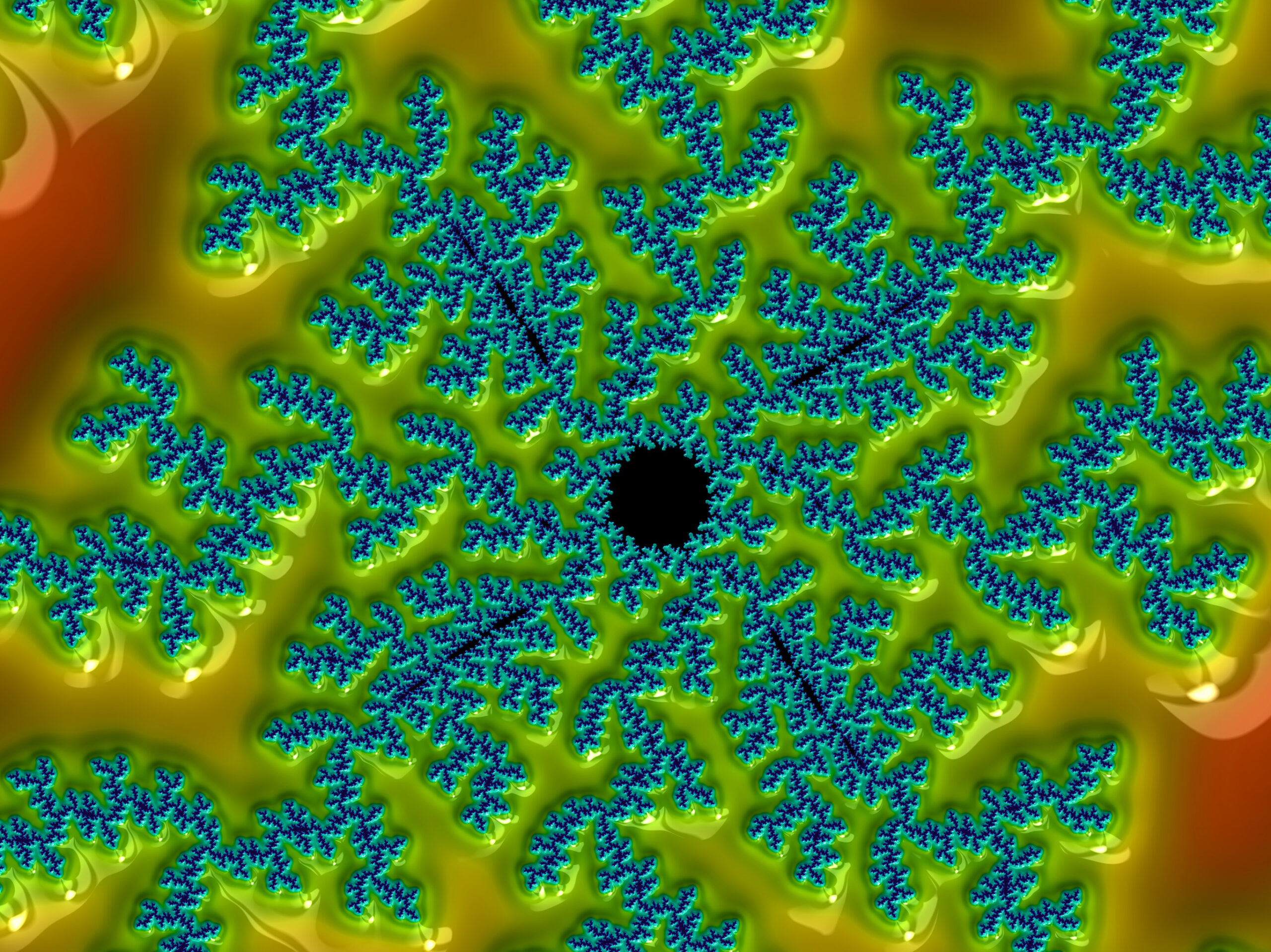 Fractal070 - Fractegrity Blue fractal branching patterns densely arranged on a green-yellow gradient background, abstract and repetitive (fractal art).