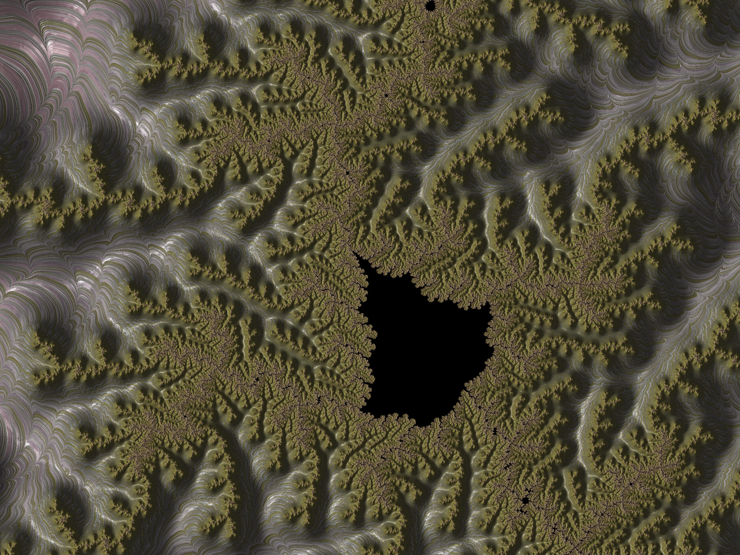 Fractal079 - Fractegrity Fractal, canyon-like terrain with intricate ridges and dark chasms, resembling an alien landscape under muted lighting