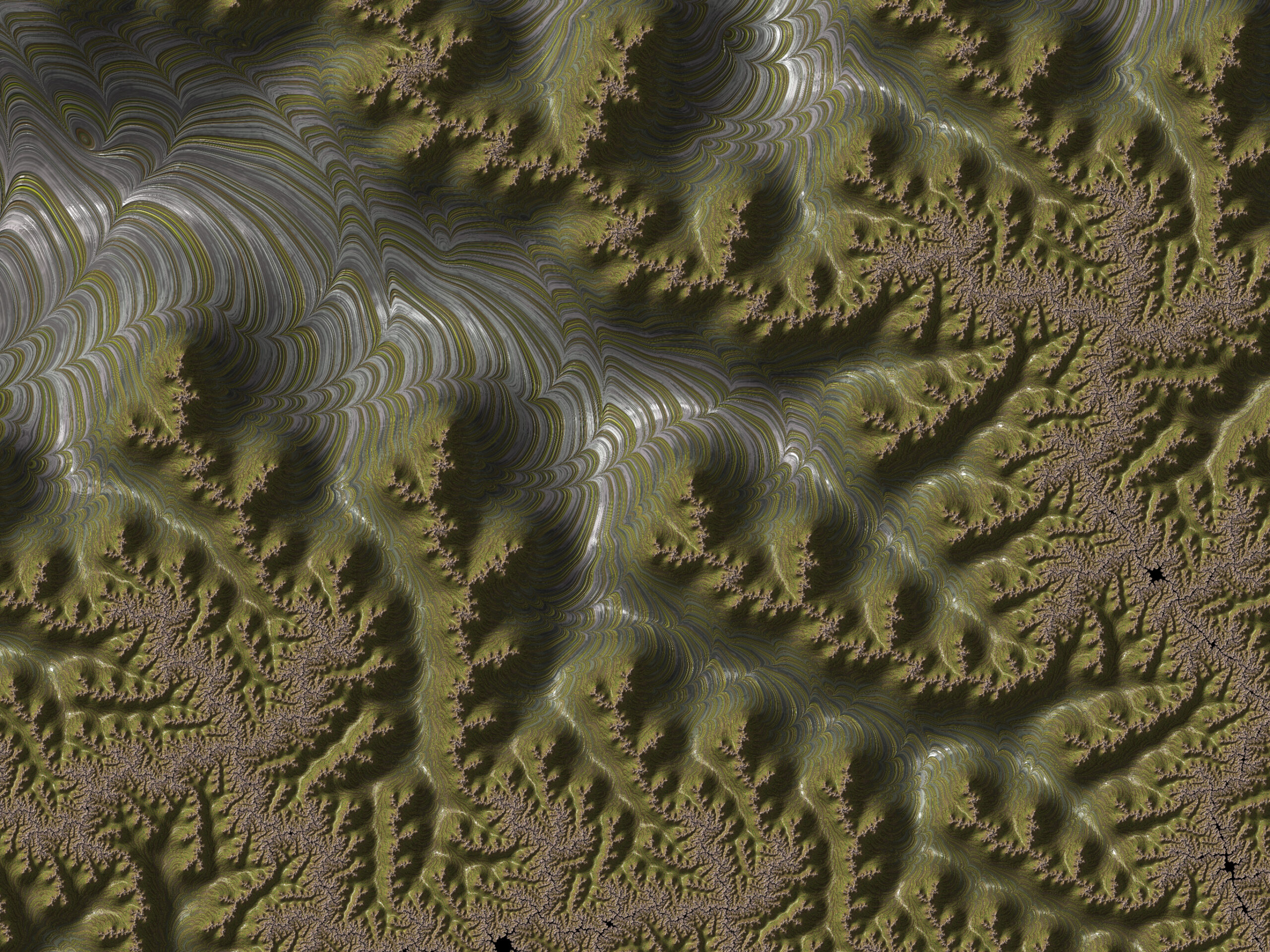 Abstract fractal landscape with wavy olive-green and gray stripes and jagged ridges across the scene.