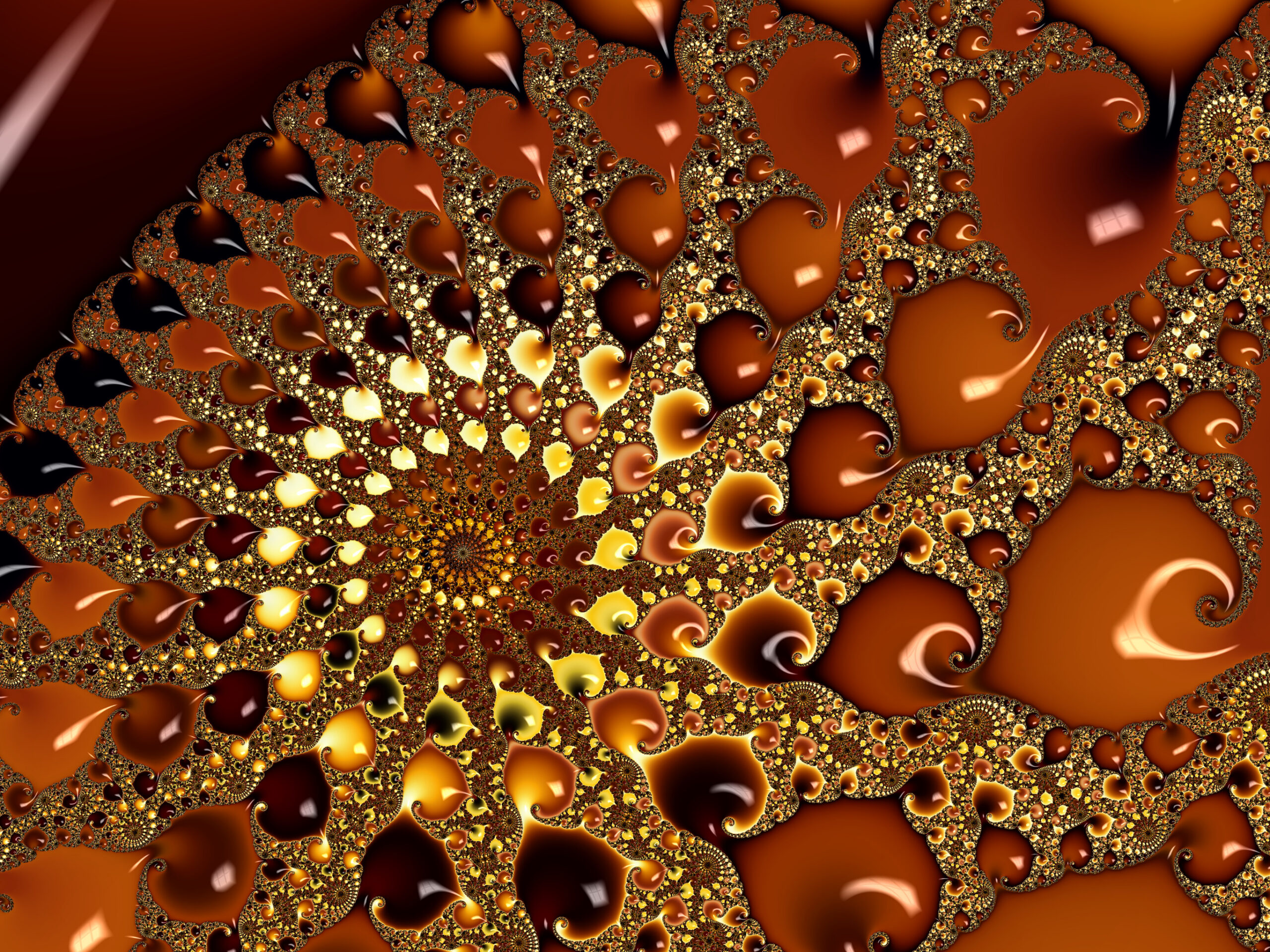 Fractal081 - Fractegrity Intricate fractal pattern in warm brown, gold, and yellow tones with repeating spirals.