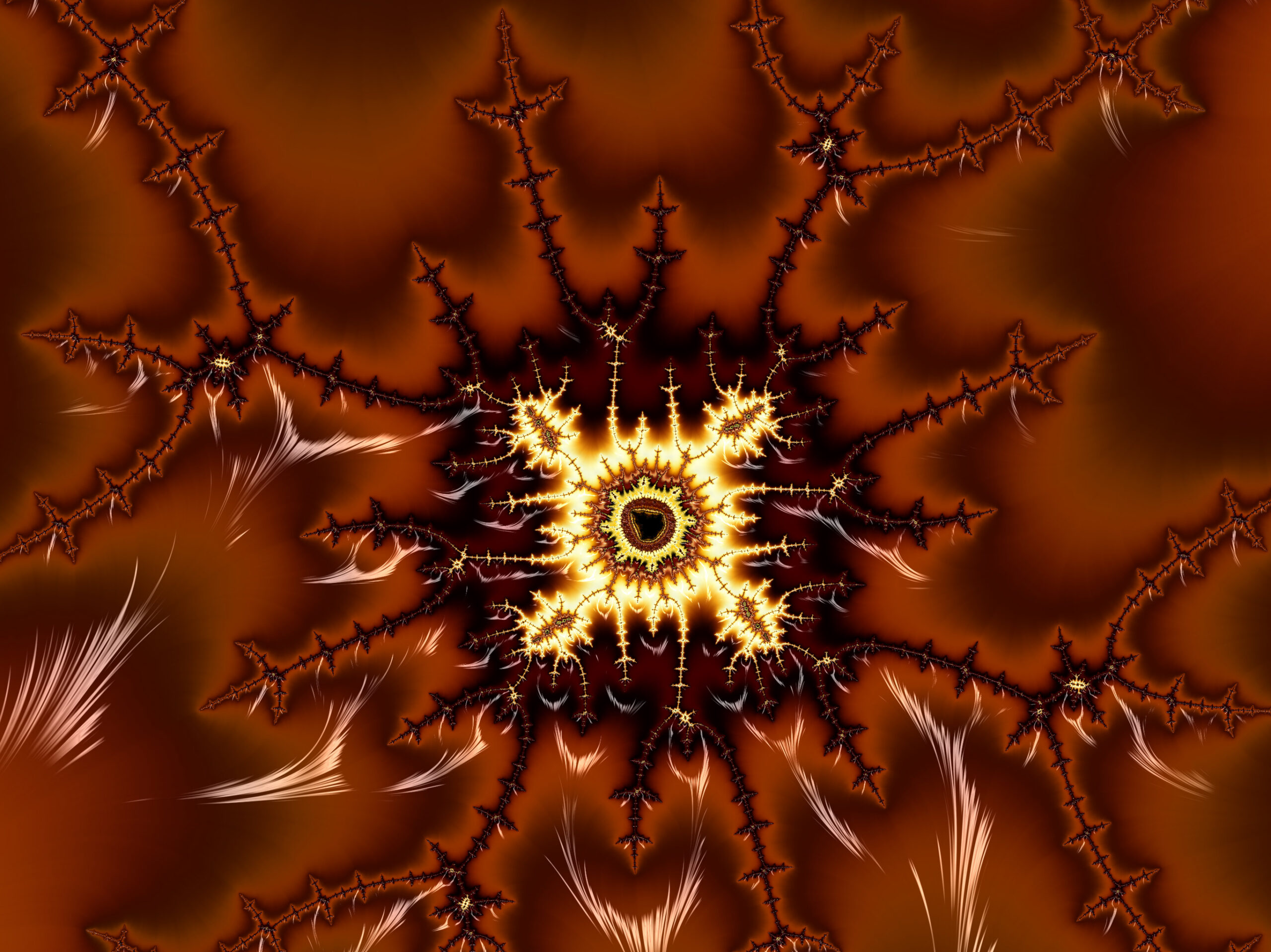Abstract fractal orange and brown background with luminous yellow starbursts and sharp branching filaments in a fiery pattern.