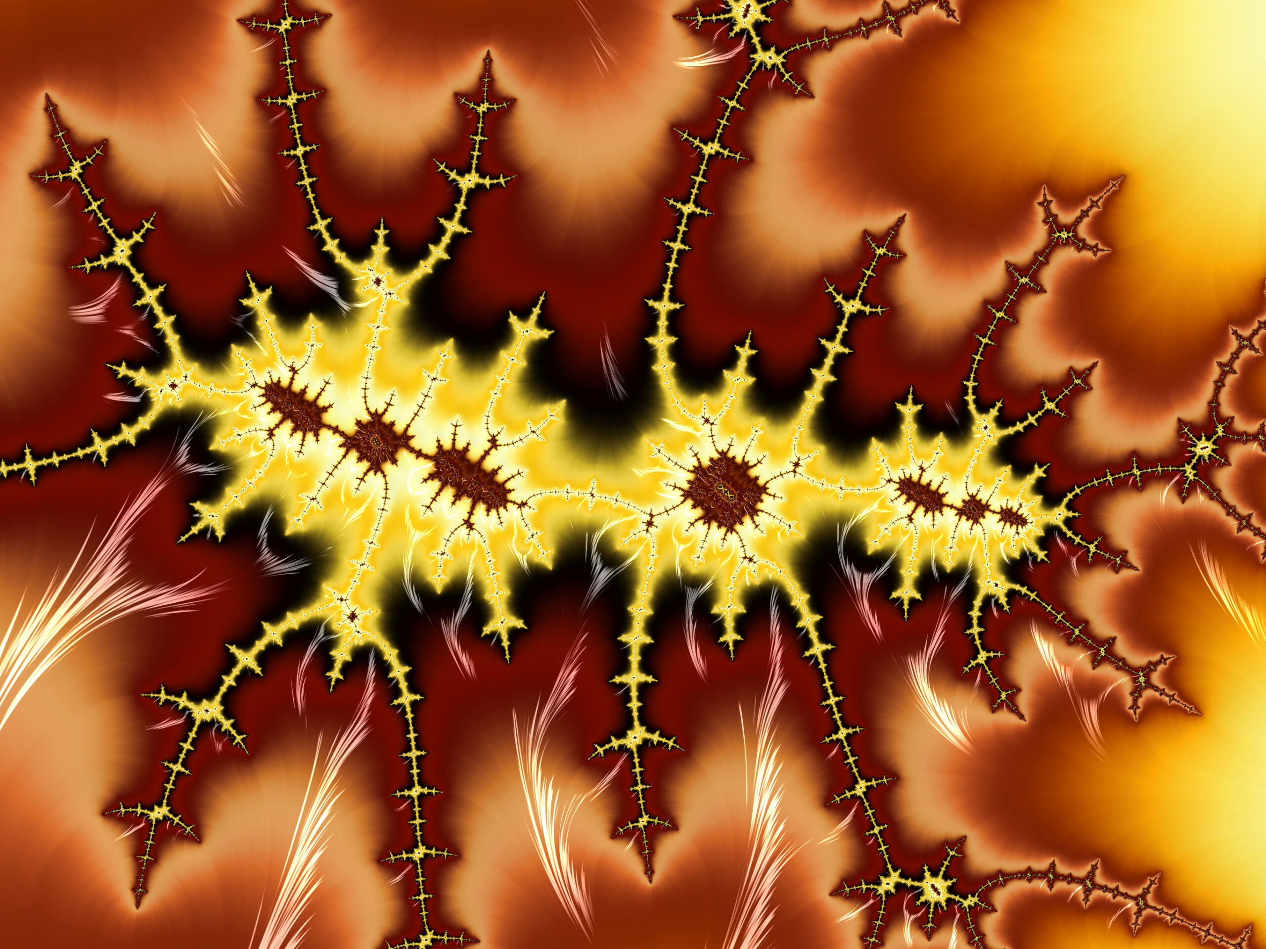 Fractal084 - Fractegrity Abstract fractal pattern with yellow thorn-like branches over a fiery red–orange gradient background.