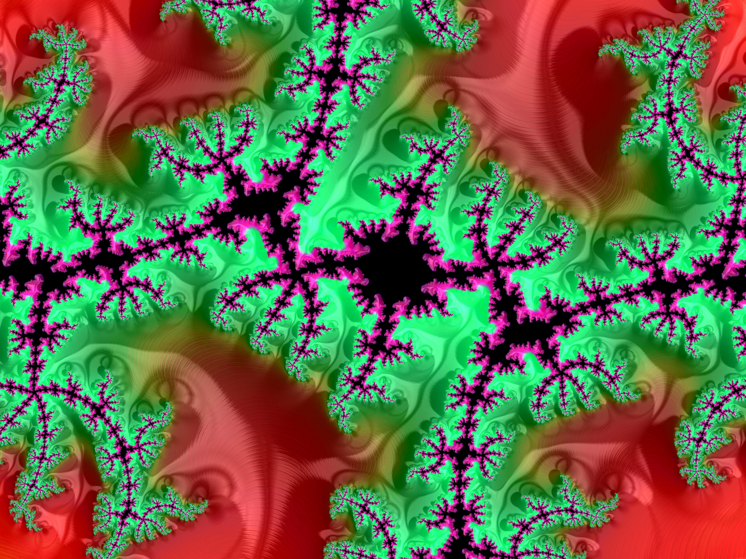 Fractal089 - Fractegrity Decorative abstract fractal artwork with vivid green and red swirls and magenta branching patterns.