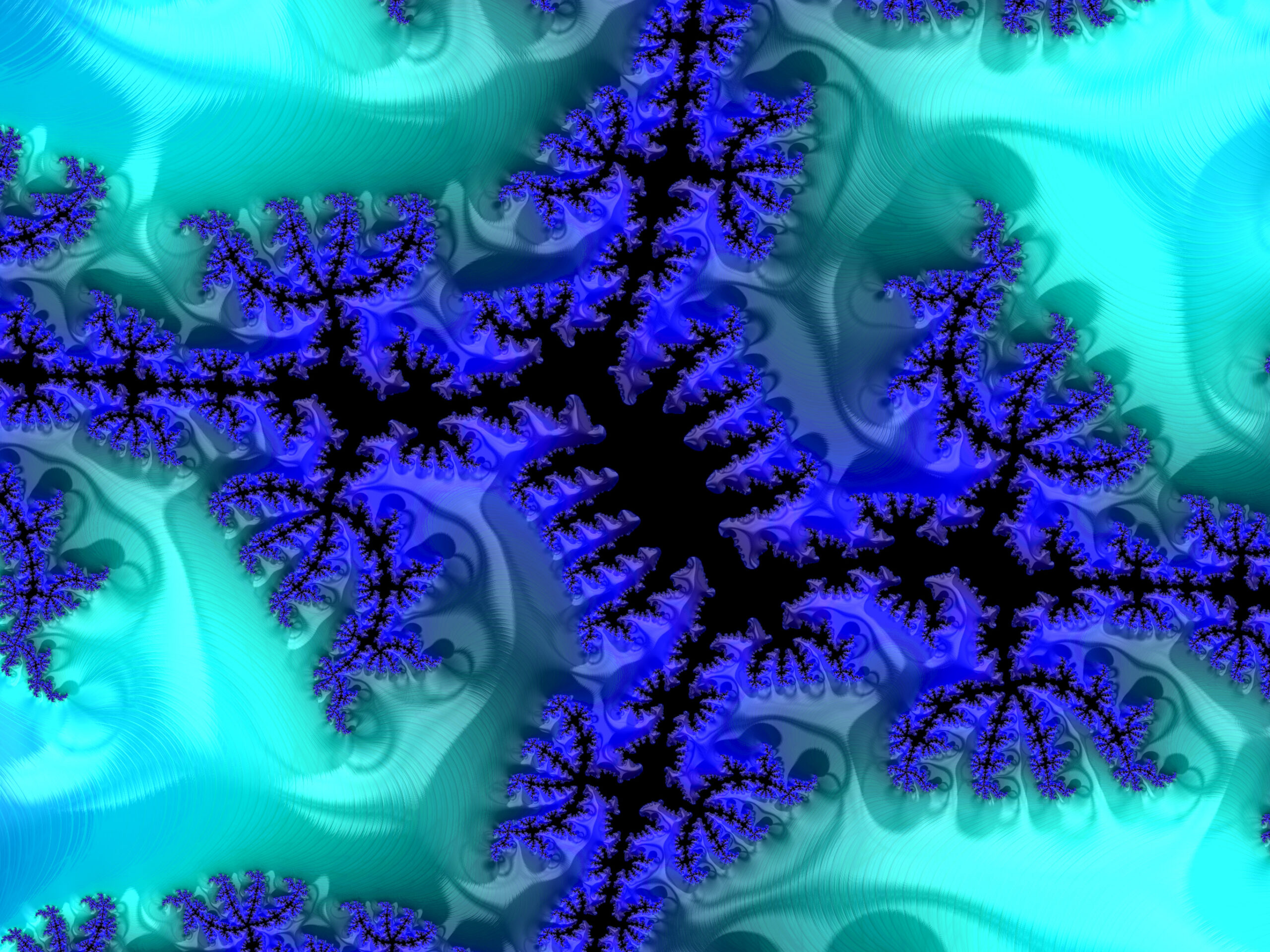Fractal090 - Fractegrity Abstract fractal artwork: turquoise and blue swirls with black and blue branching shapes along a diagonal pattern.
