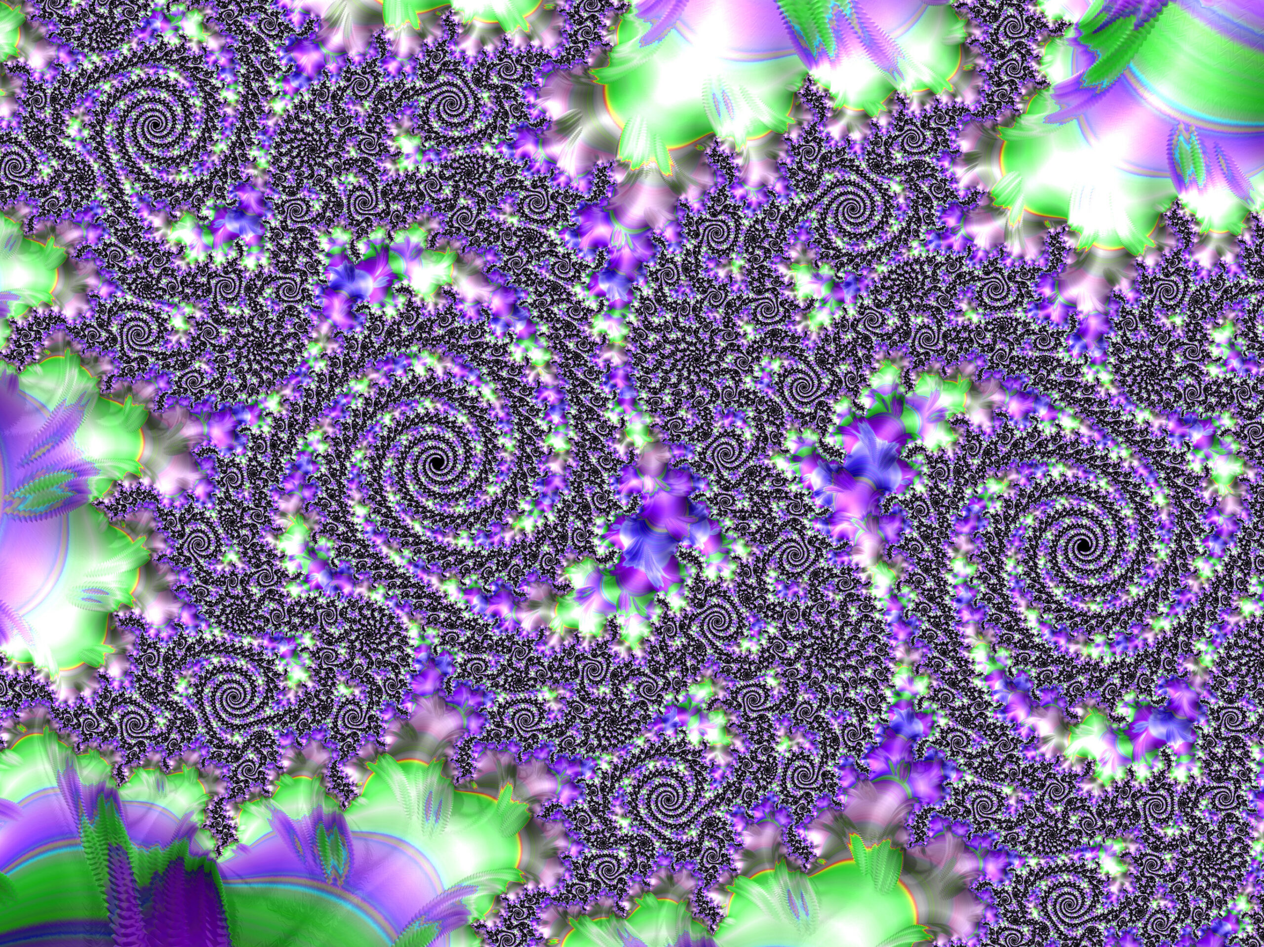 Abstract fractal spirals in purple, black and neon green; a psychedelic, non-representational pattern conveying motion and color.