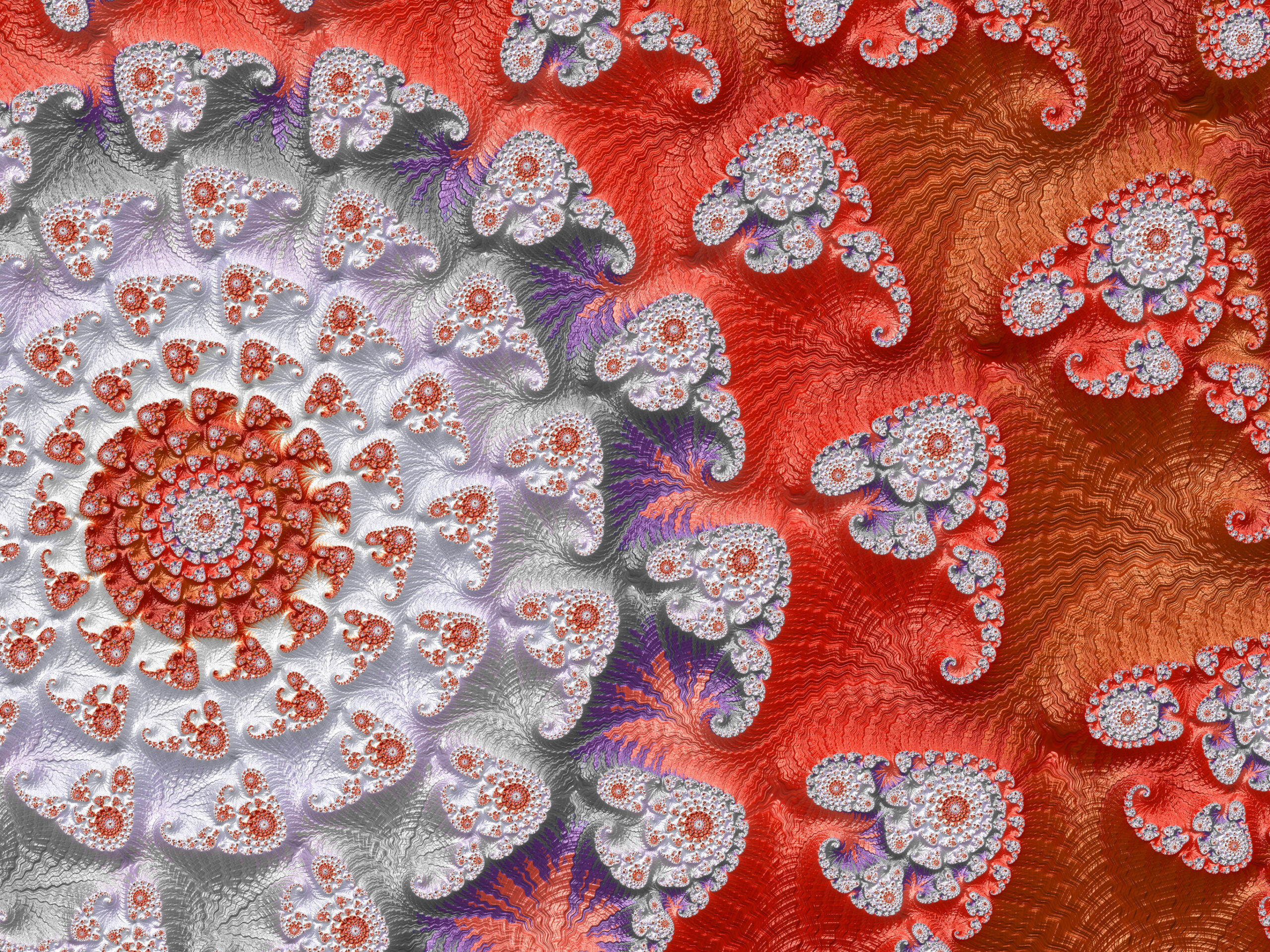 Fractal095 - Fractegrity Abstract fractal pattern with red, white, gray, and purple spirals and wavy textures.