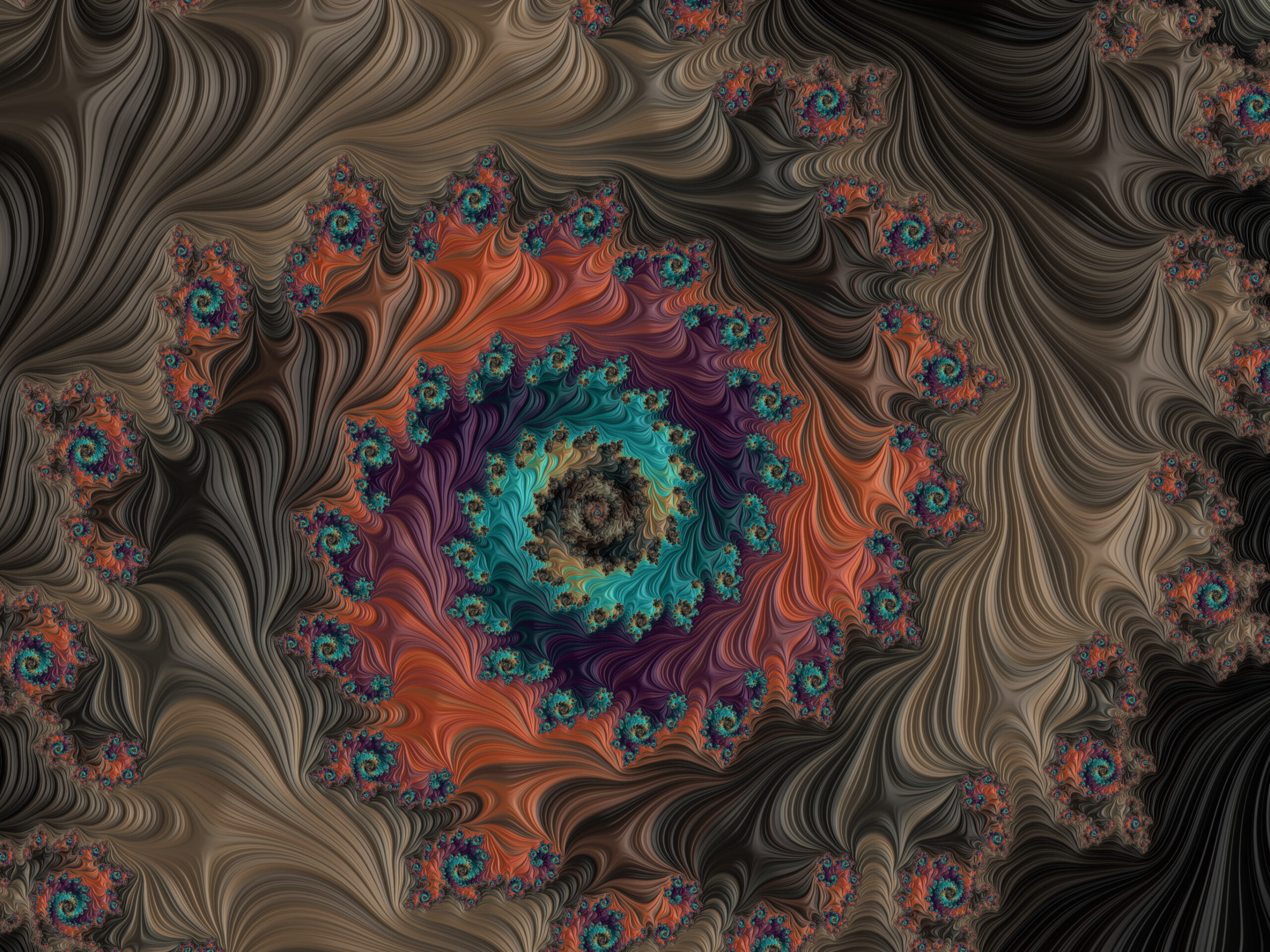 Fractal098 - Fractegrity Abstract fractal artwork with flowing brown ribbons and turquoise spiral clusters scattered throughout.