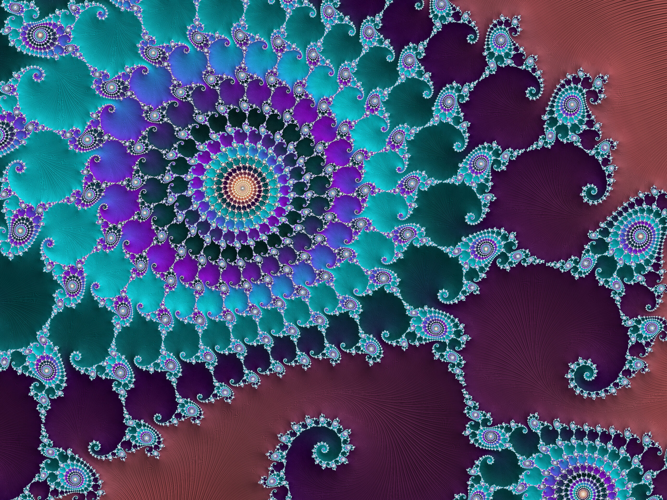 Colorful fractal pattern with teal, purple, and pink spirals across the image.