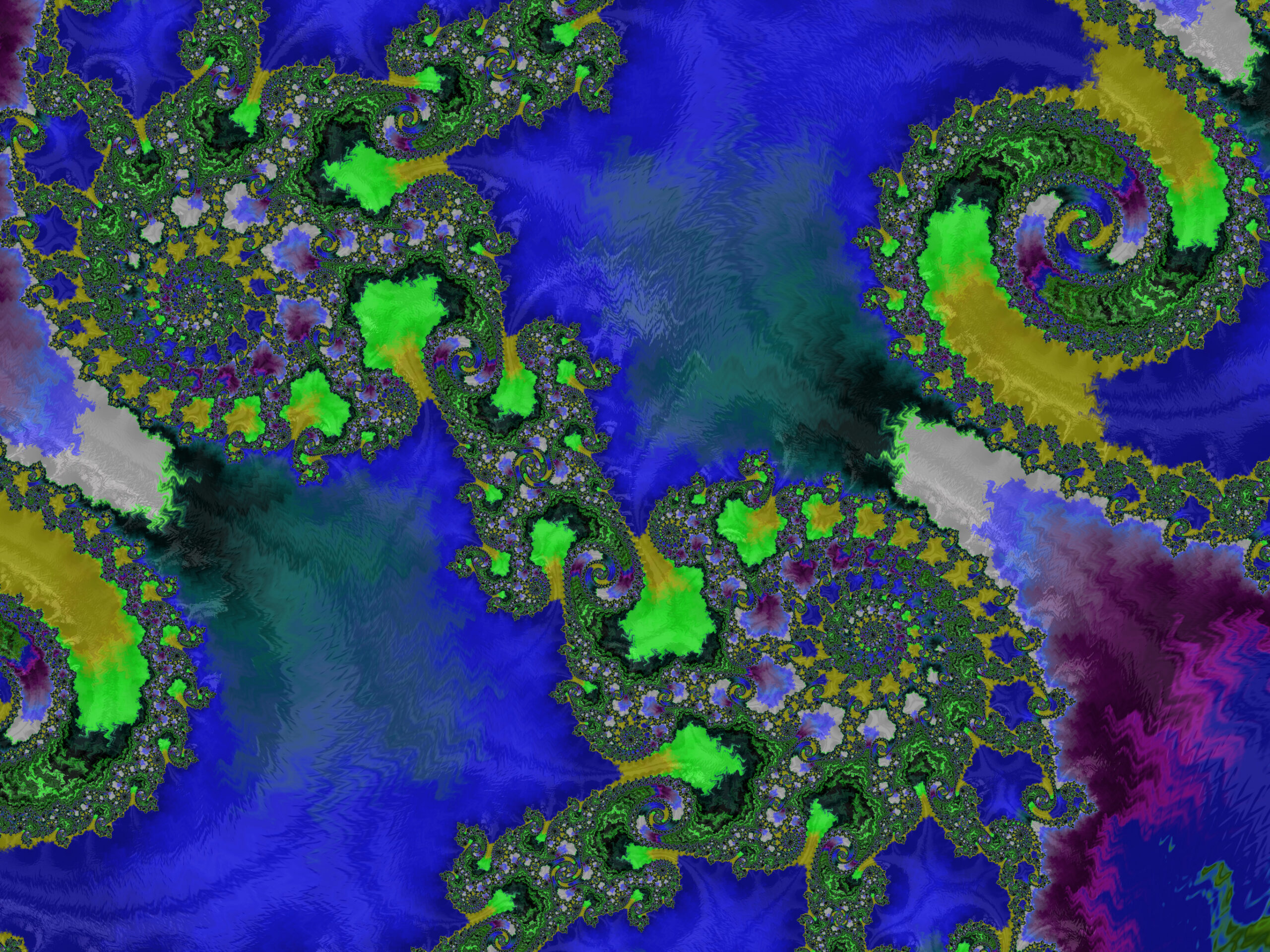Fractal104 - Fractegrity Abstract fractal artwork featuring vivid green spirals and swirling patterns against a deep blue, teal, and purple background; a chaotic, recursive design with intricate details throughout.