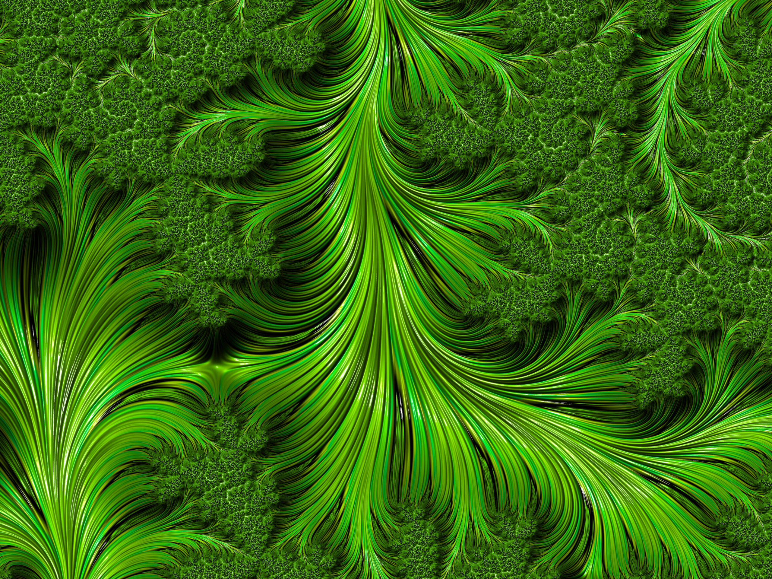 Abstract green fractal pattern with flowing lime ribbons emanating from a central axis over a mossy-green texture.