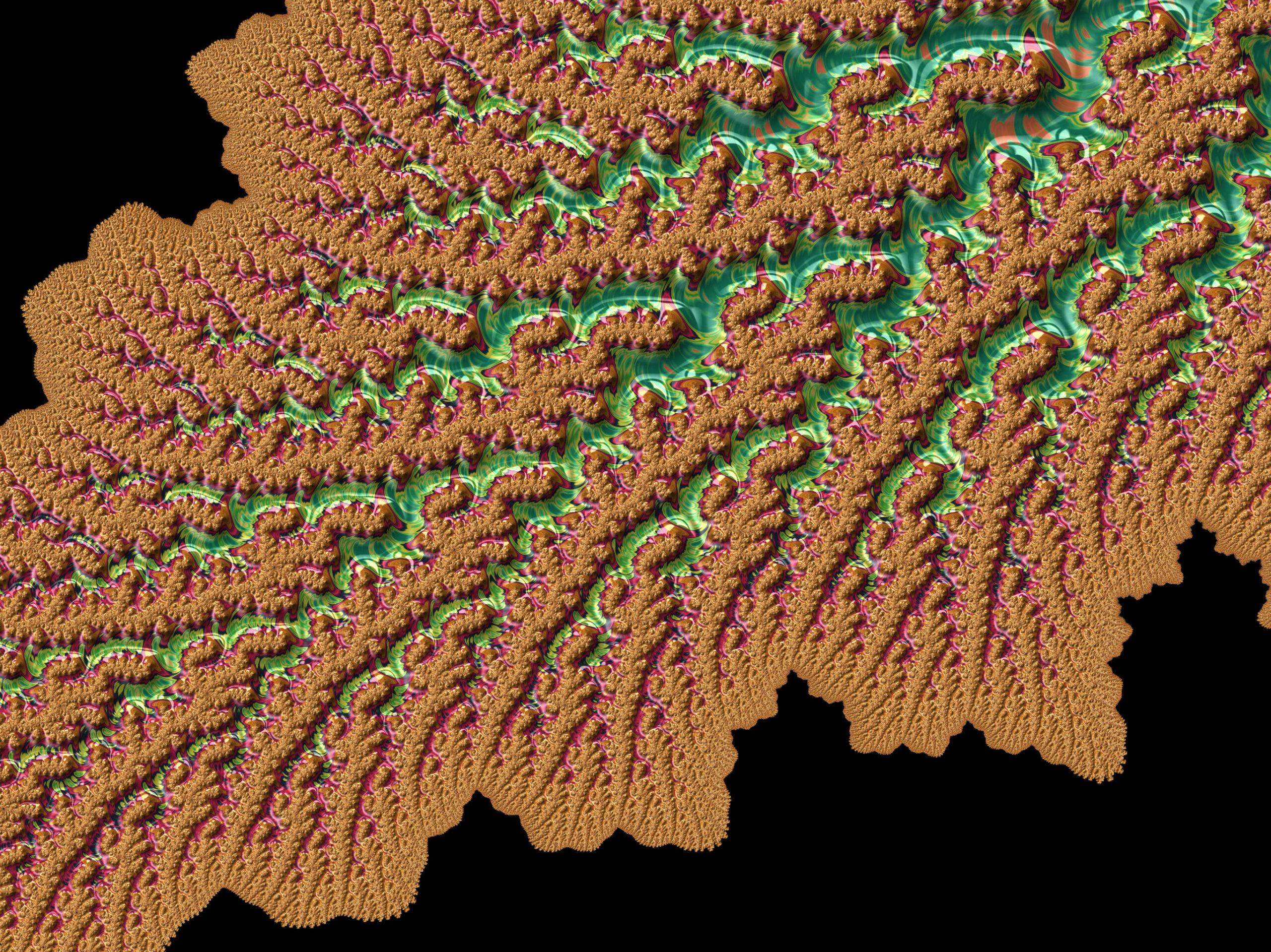 Fractal107 - Fractegrity Abstract fractal artwork: tan textured land-like shapes with a green, purple swirl band running diagonally across a black background.
