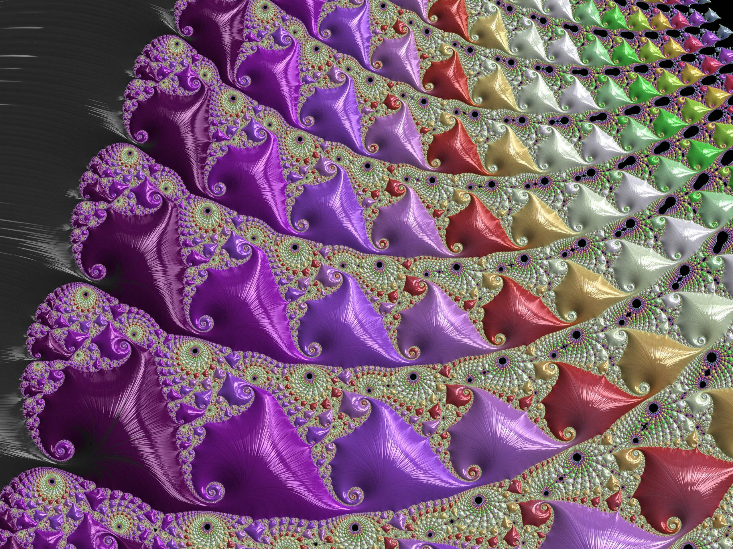 Fractal108 - Fractegrity Abstract fractal design with purple spirals and rainbow shapes flowing from a dark left edge.
