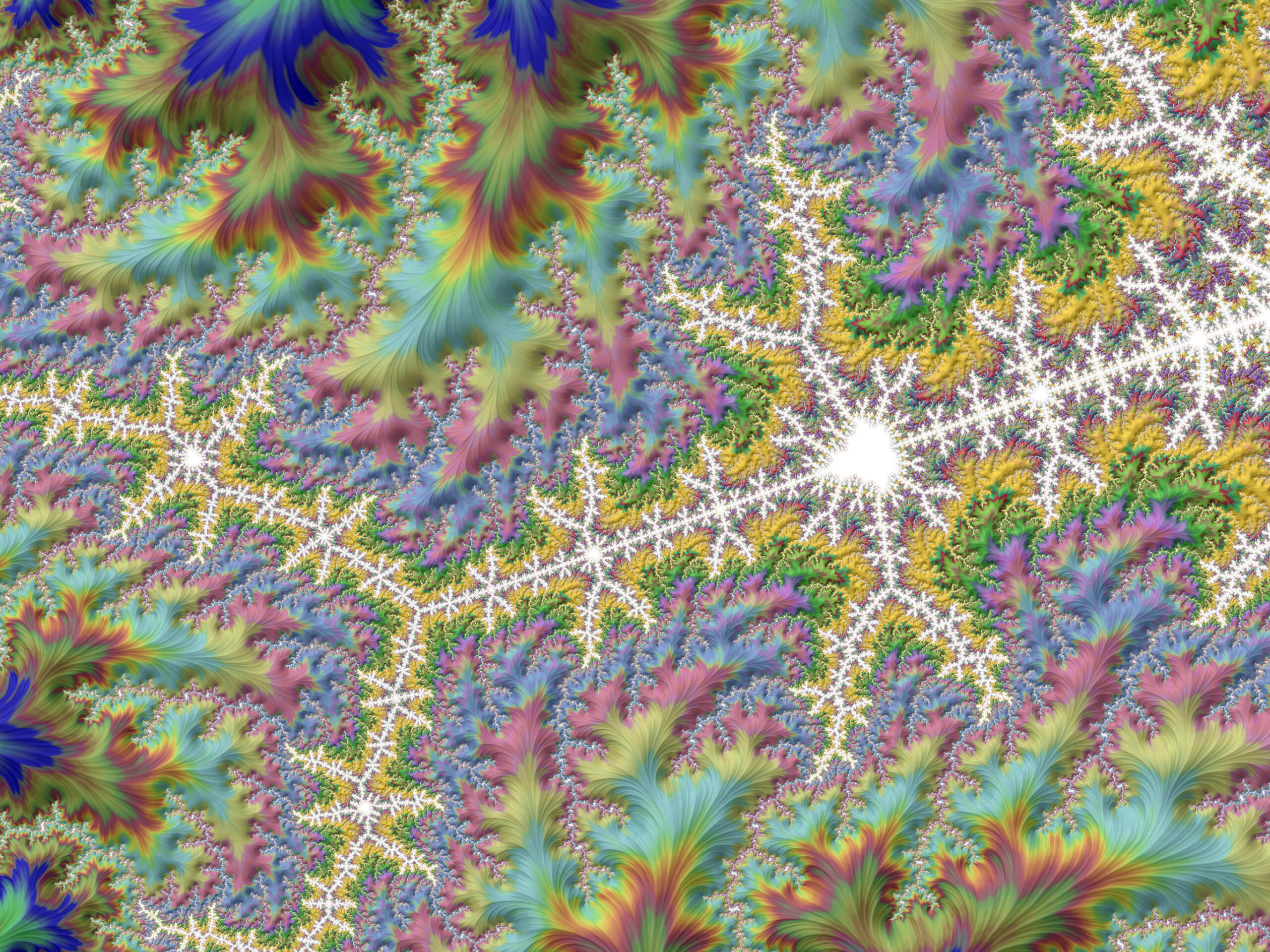 Fractal115 - Fractegrity Colorful fractal pattern of feather-like spirals in blue, green, yellow, and pink with white branching edges.