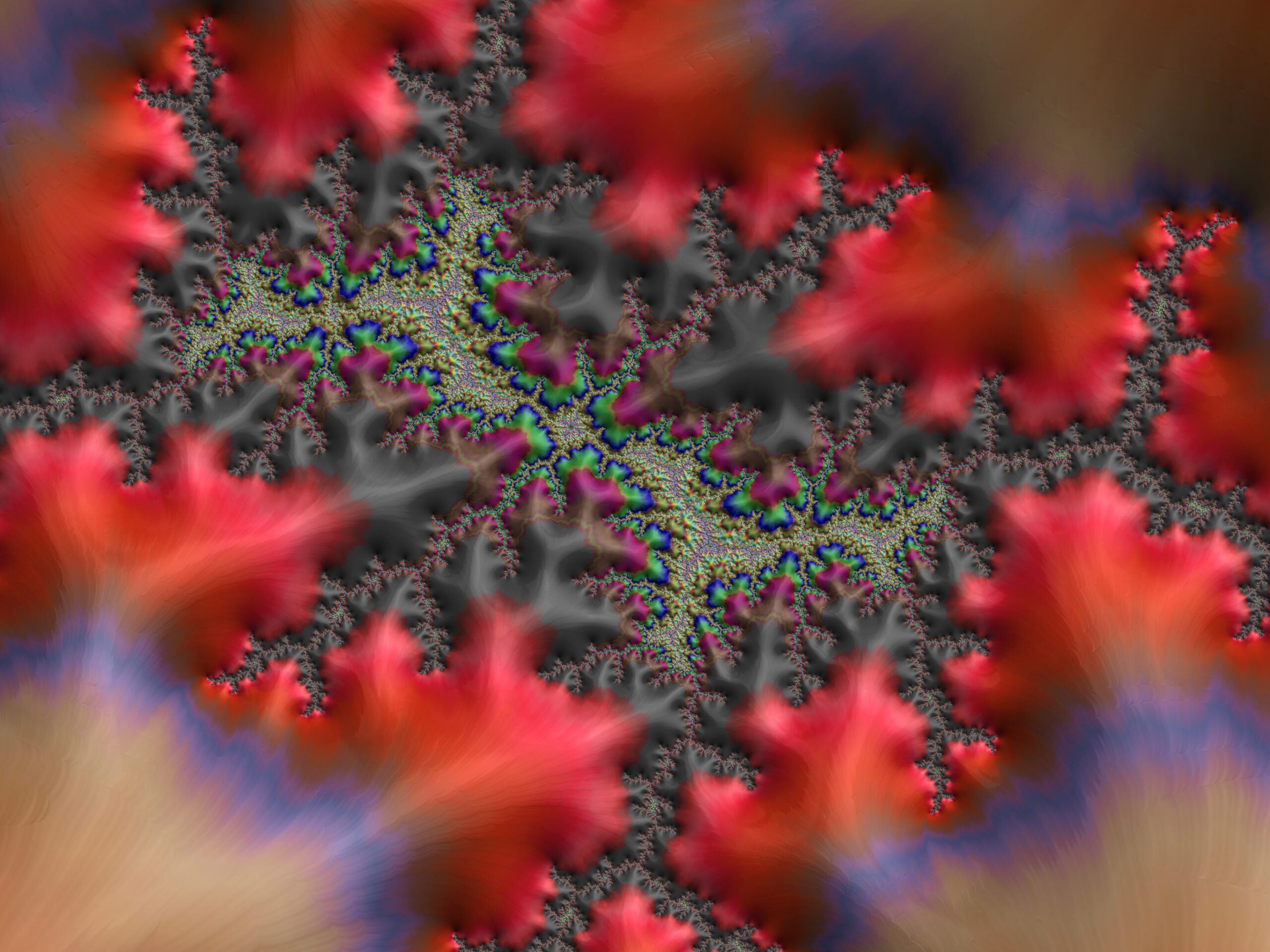 Abstract fractal design with jagged black spirals and vivid red, blue, and green bursts.