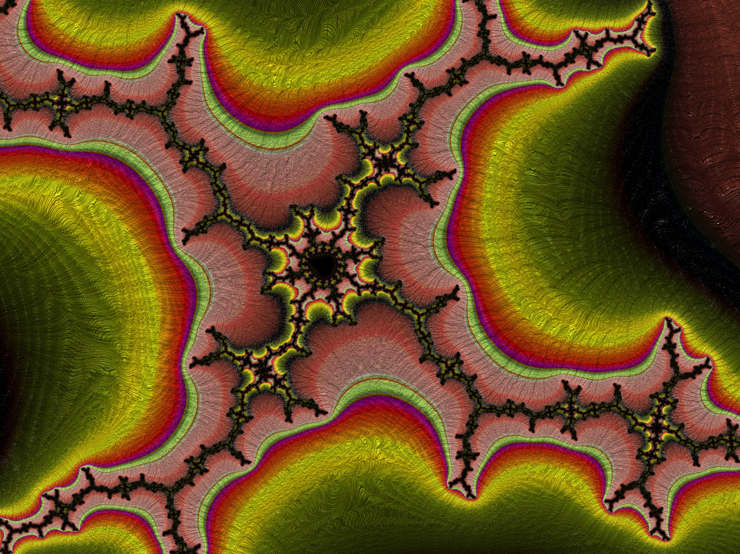 Abstract fractal pattern with looping ribbons of yellow, green, red and purple and black branching edges
