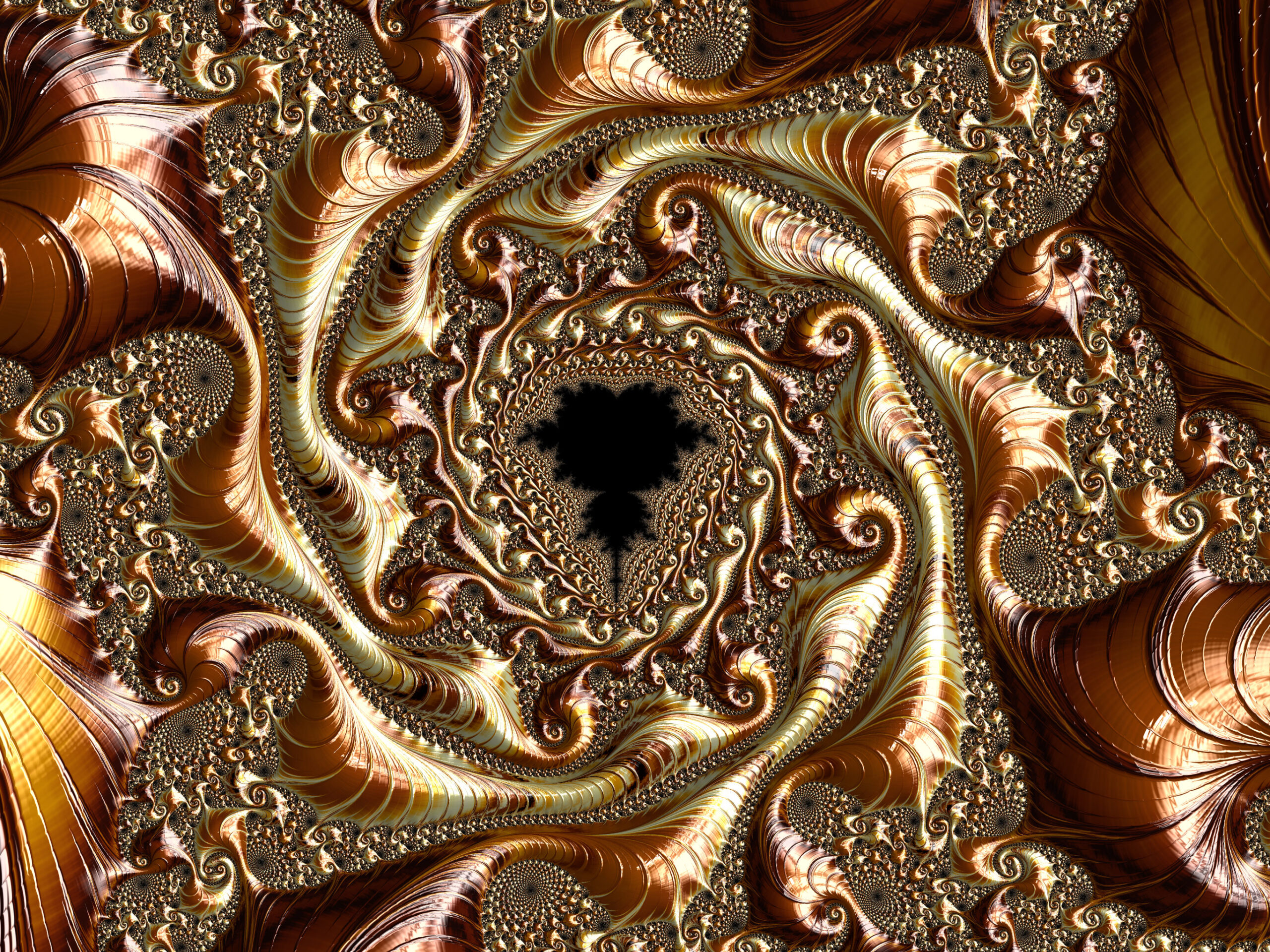Fractal121 - Fractegrity Abstract fractal design in copper and gold tones with swirling spirals and patterns.