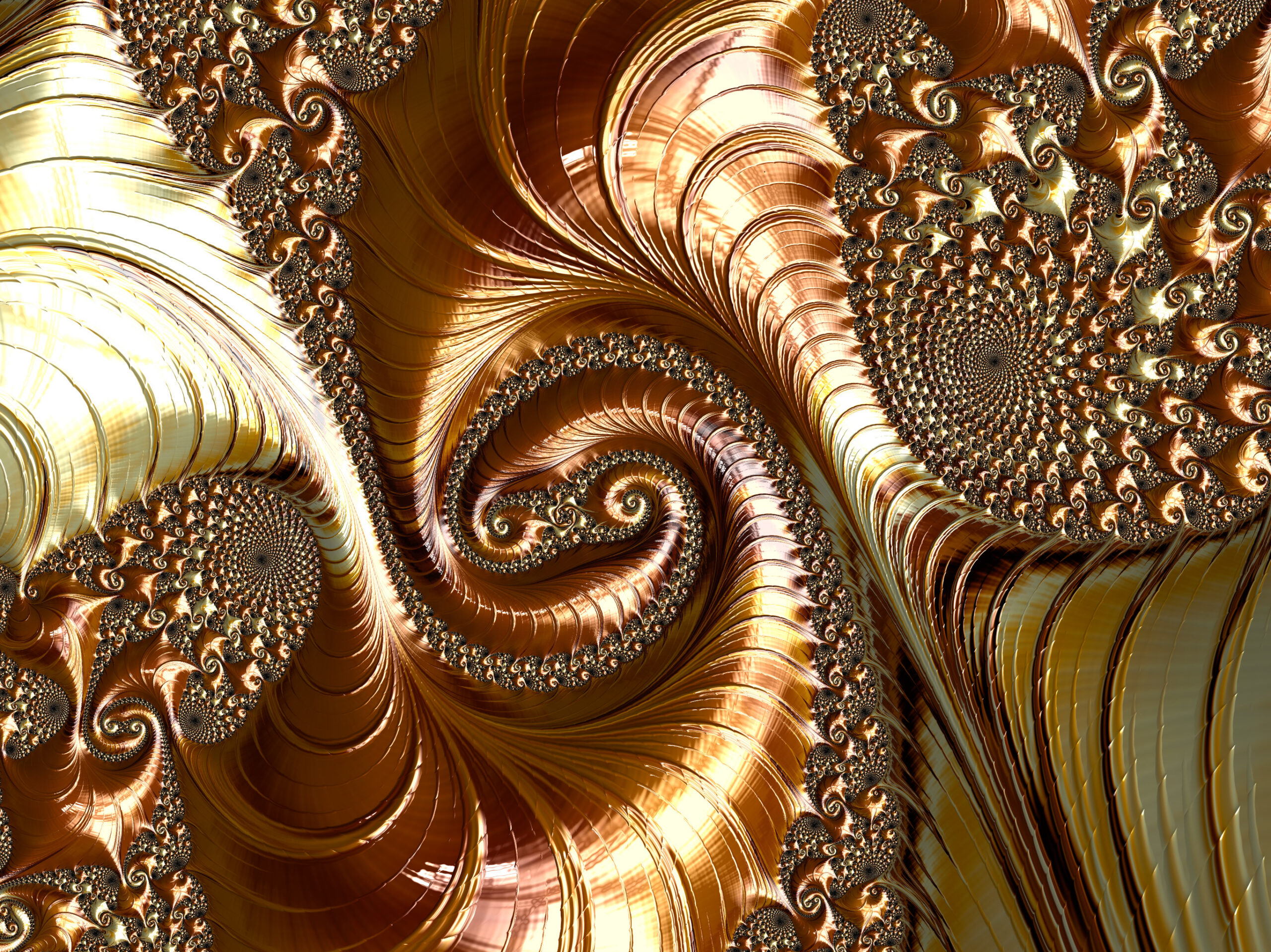 Fractal122 - Fractegrity Abstract fractal design with swirling copper and gold metallic ribbons and intricate spiral patterns, no real-world subject.