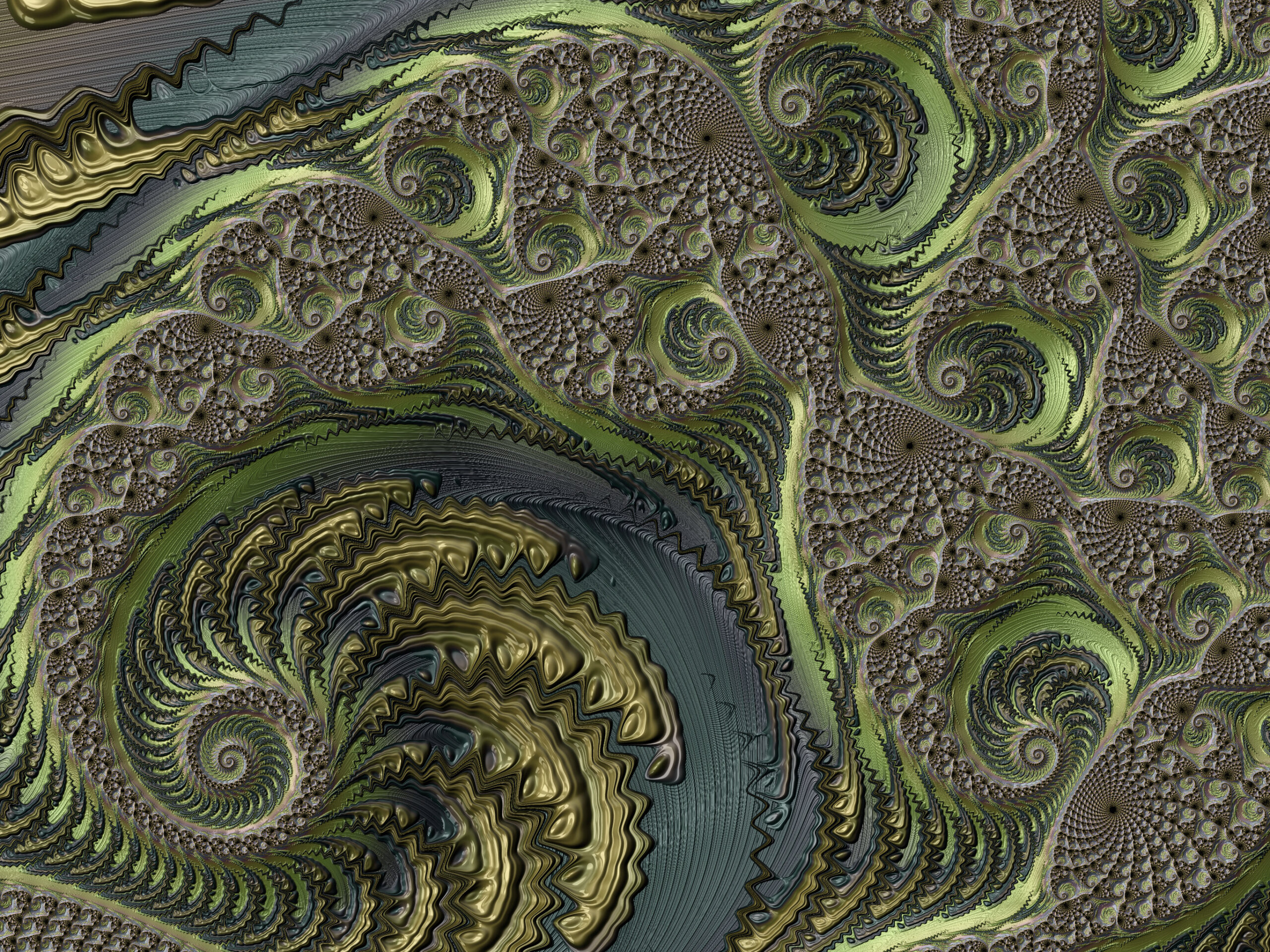 Abstract fractal design with spiraling ribbons in olive green, gold, and gray forming a textured, swirling pattern.