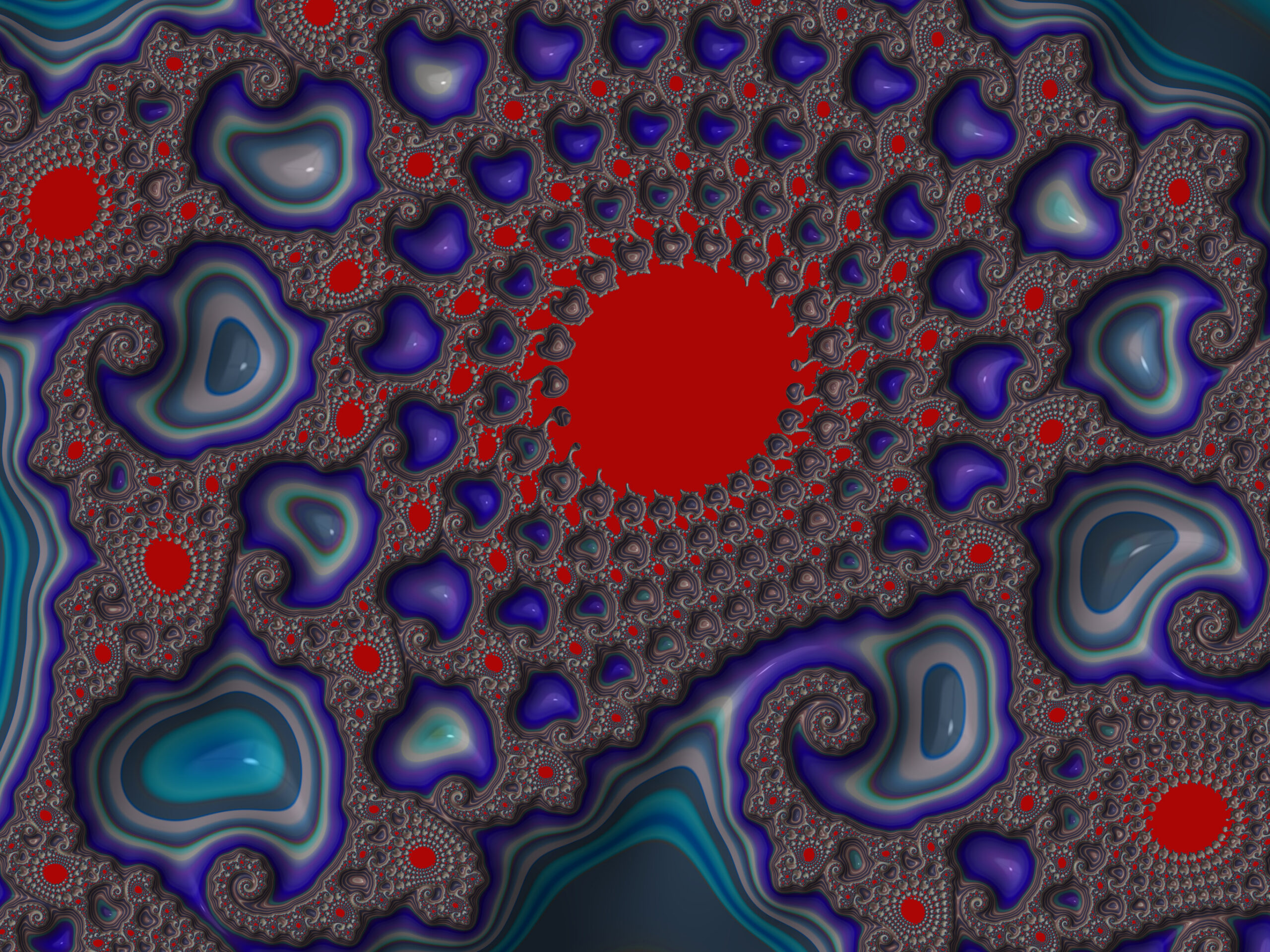 Fractal132 - Fractegrity Abstract fractal artwork with blue, purple, teal swirls and red circular accents, creating a flowing, hypnotic pattern
