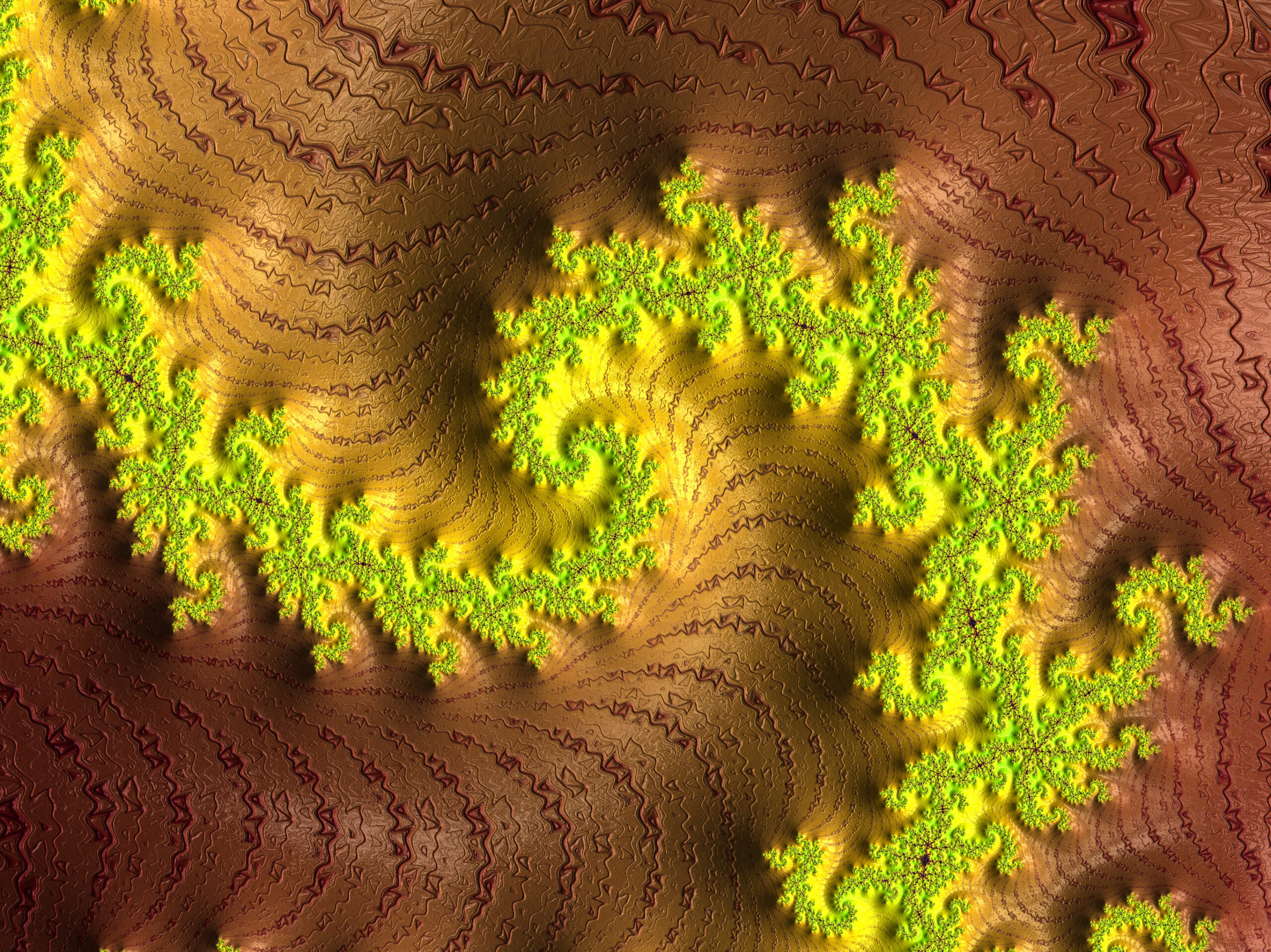 Fractal134 - Fractegrity Abstract fractal landscape with winding ridges in brown and gold, highlighted by bright lime-green coral-like patterns.