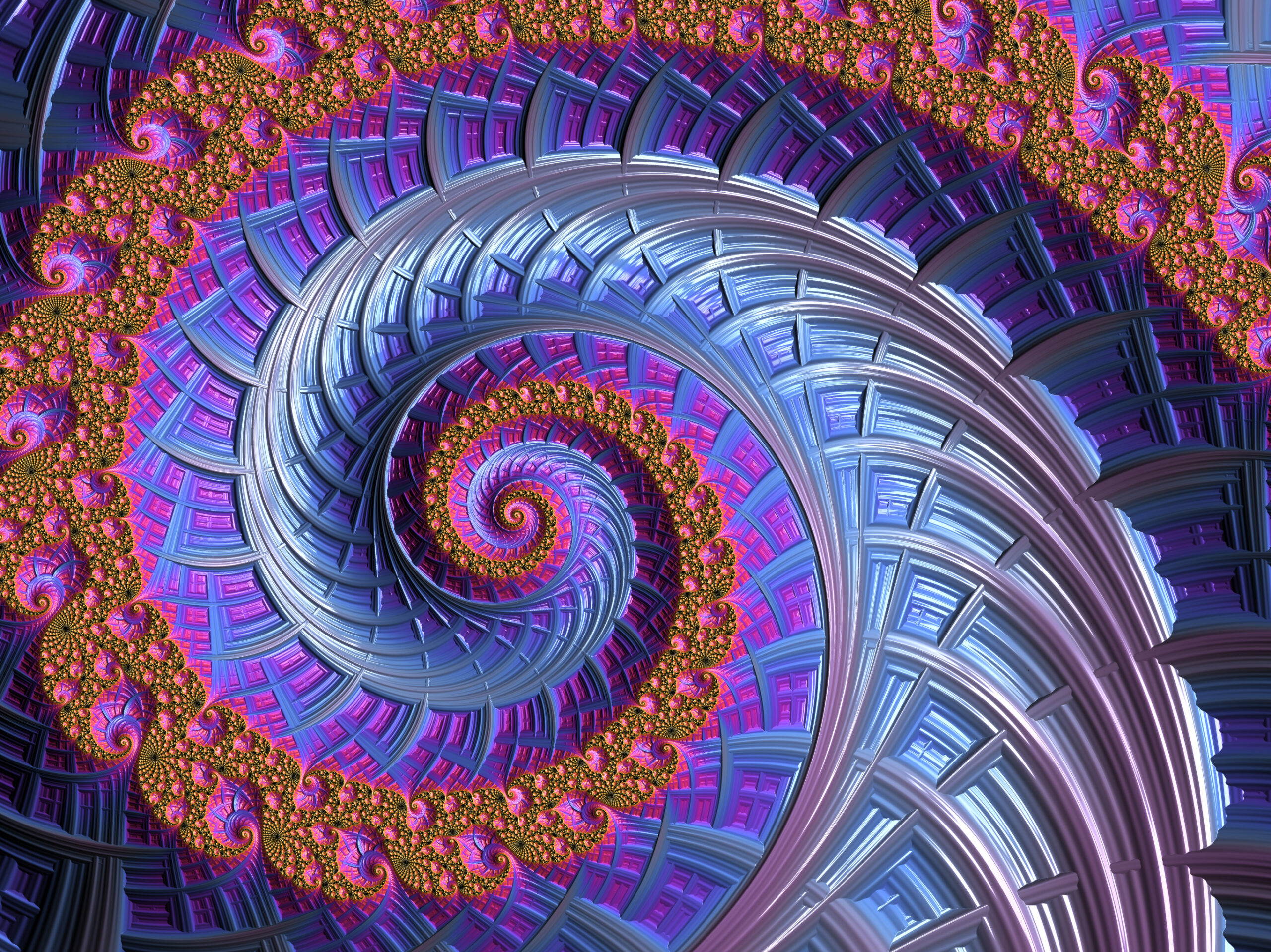 Fractal136 - Fractegrity Abstract fractal artwork featuring spiraling bands in blue, purple, and pink with gold accents and intricate repeating patterns