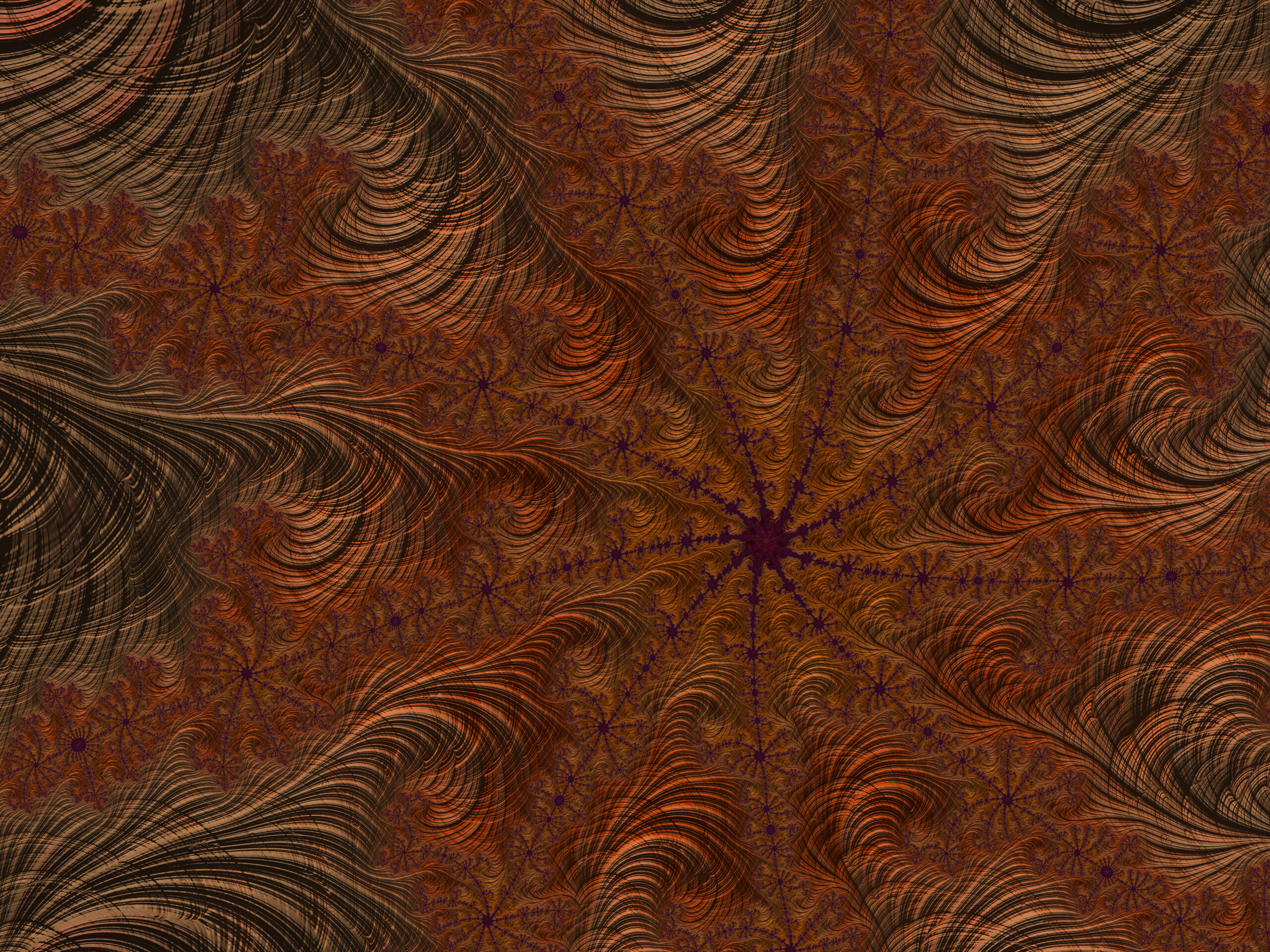 Decorative abstract pattern with swirling orange and black curves and purple starburst motifs on a brown background